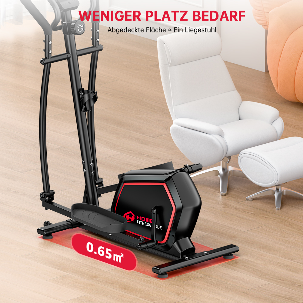 Czarna maszyna eliptyczna z czerwonymi akcentami. Białe krzesło i pufa w tle. Pokazuje 0,65 m² przestrzeni.