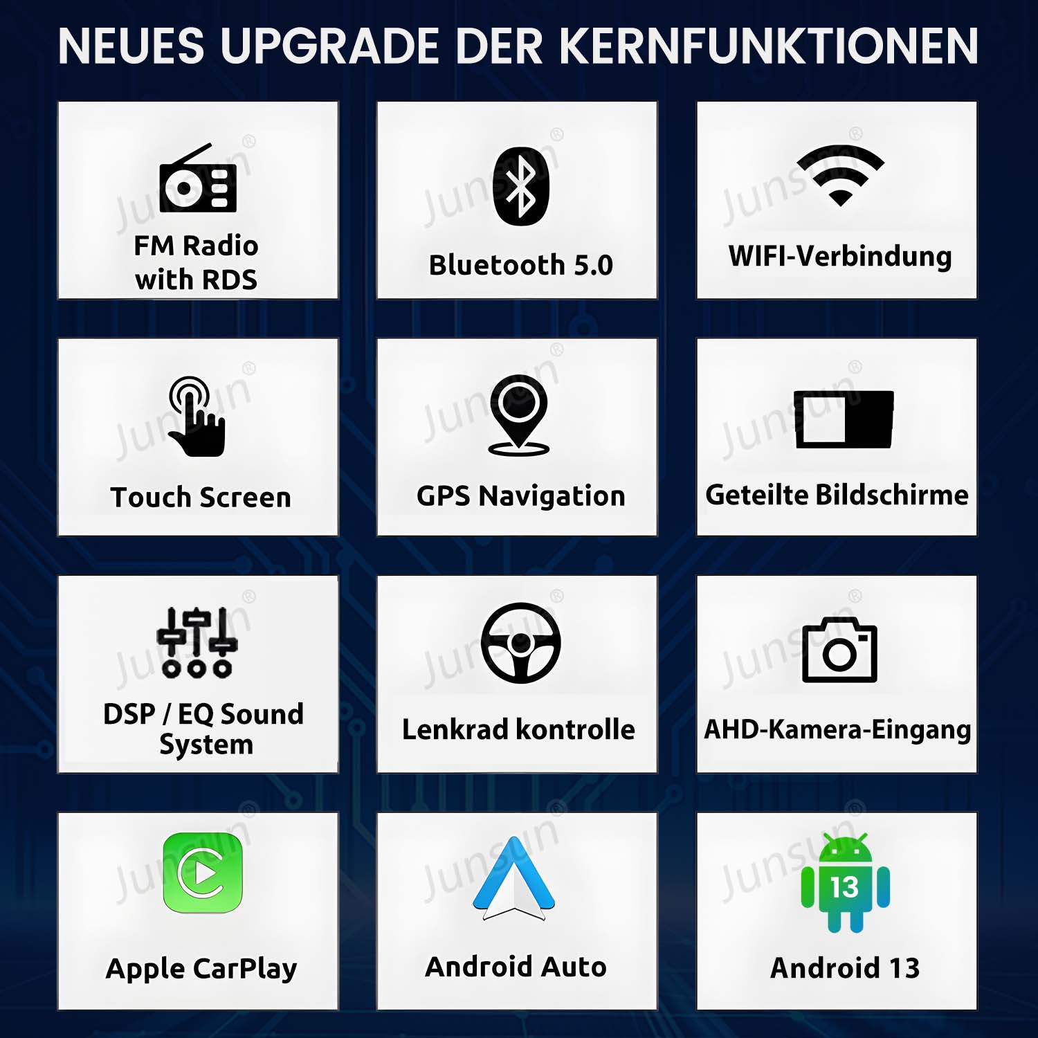 Das Bild zeigt Autoradio-Funktionen: FM, Bluetooth, WLAN, Touchscreen, GPS, geteilter Bildschirm, DSP, Lenkradsteuerung, Kamera, CarPlay, Android Auto, Android 13.