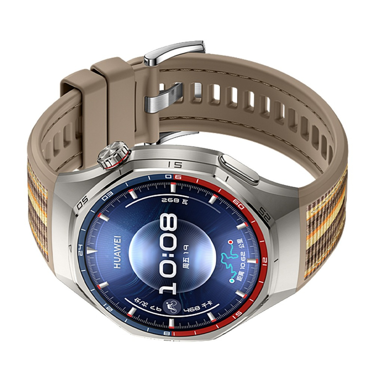 Eine Smartwatch mit rundem Bildschirm. Die Uhr hat ein braunes Armband und ein silbernes Gehäuse. Der Bildschirm zeigt Zeit und Gesundheitsdaten.