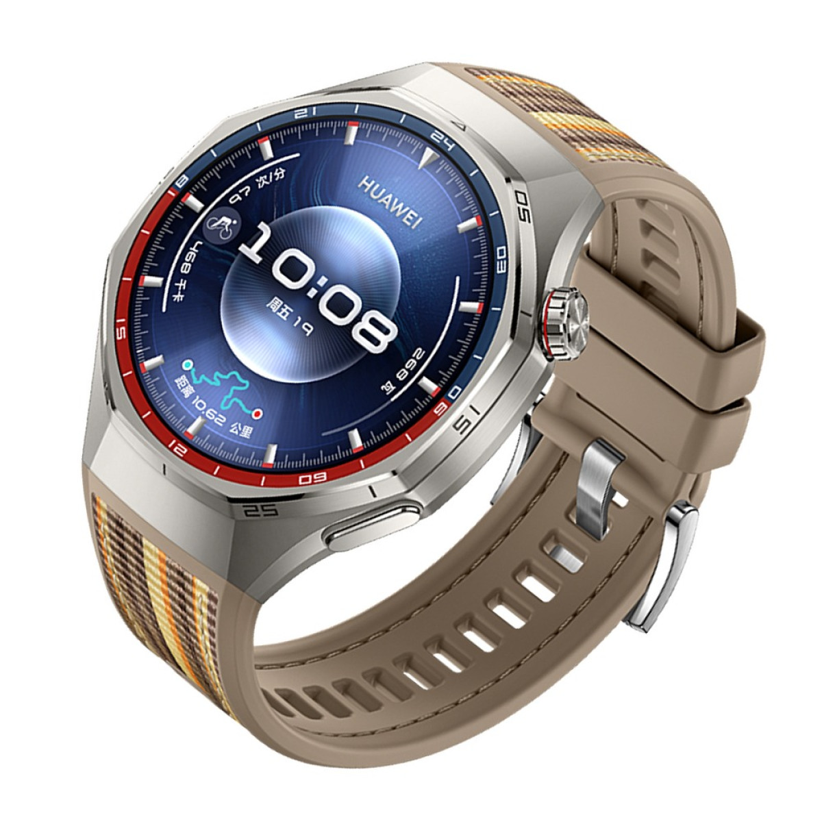 Eine Huawei-Smartwatch wird angezeigt und zeigt die Uhrzeit 10:08 an. Sie hat ein silbernes Gehäuse, ein braunes Armband und einen farbenfrohen gemusterten Abschnitt am Armband.