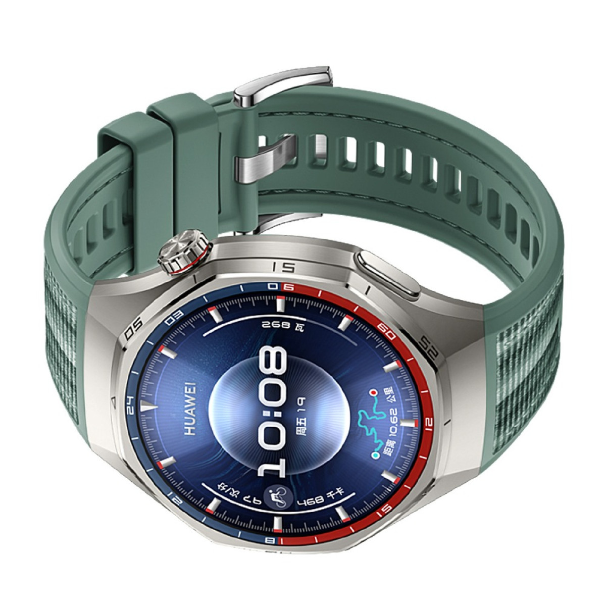 Eine Huawei-Smartwatch mit grünem Armband zeigt die Uhrzeit an. Die Uhr hat ein silbernes Gehäuse und rote Akzente. Die Zeit ist 10:08.