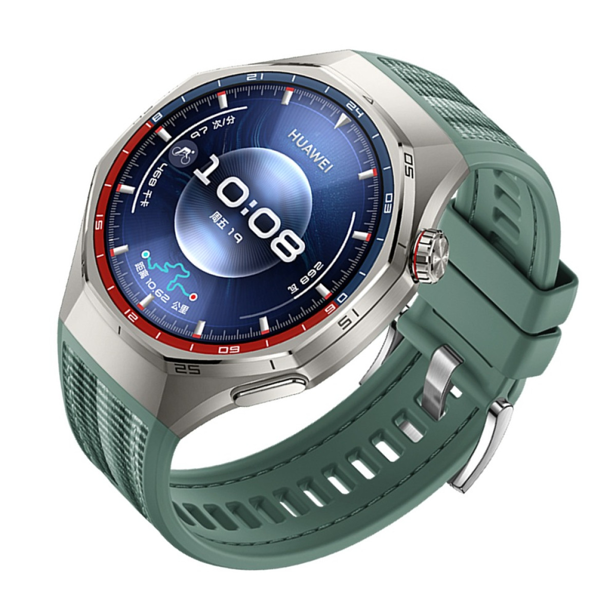 Eine Huawei-Smartwatch mit blauem Bildschirm, der Zeit und Statistiken anzeigt. Sie hat ein silbernes Gehäuse und ein grünes Armband.