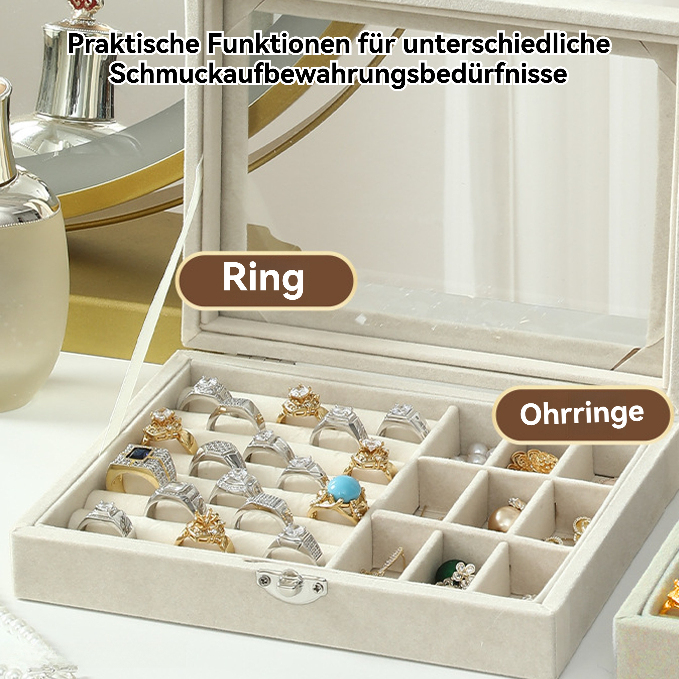 Schmuckkasten mit Ringen und Ohrringen. Beige Innenraum, transparente Abdeckung. Gold- und Silberringe ausgestellt.