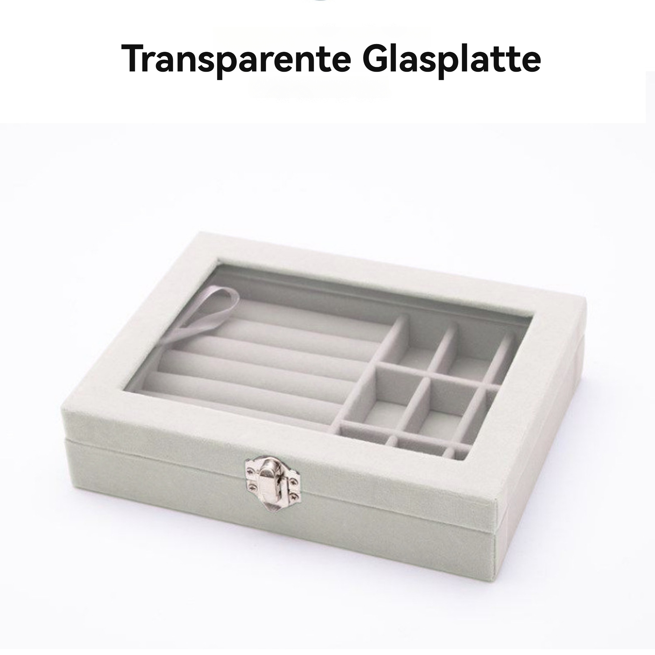 Eine graue Schmuckschatulle mit durchsichtigem Glasdeckel, silbernem Verschluss und Fächern.