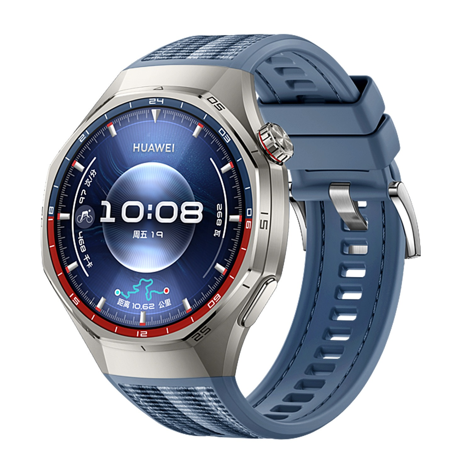 Eine Huawei-Smartwatch mit blauem Armband. Das Zifferblatt zeigt Zeit, Datum und andere Gesundheitsmetriken mit blauem und rotem Ring.