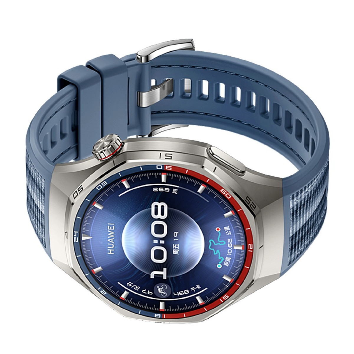 Eine blaue Smartwatch mit silberner Lünette zeigt die Uhrzeit 10:08 an. Die Uhr hat ein blaues Armband und ein rot-blaues Zifferblatt.