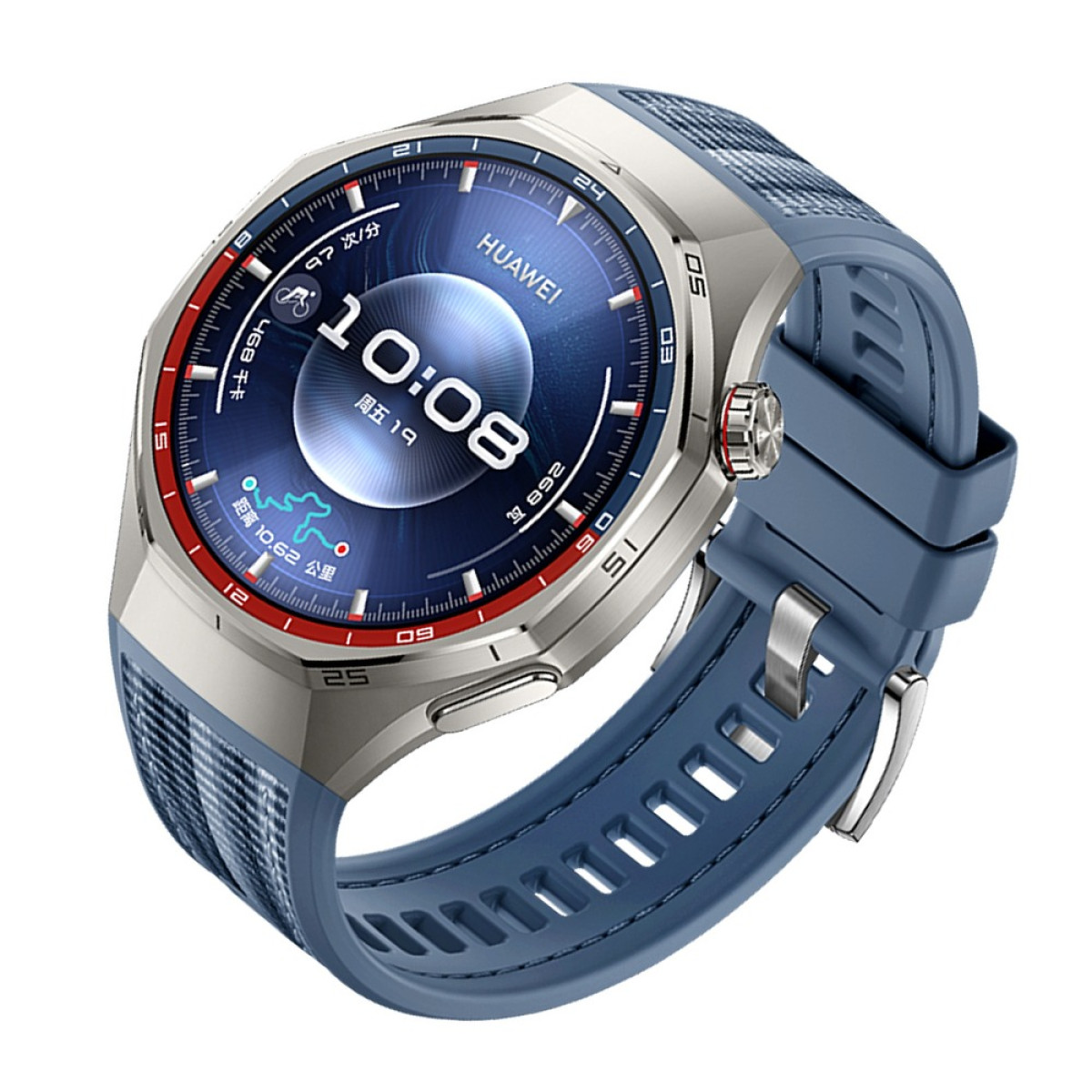Eine Huawei-Smartwatch mit blauem Armband zeigt 10:08 an. Die Uhr hat eine silberne Lünette mit roten Akzenten und ein blaues Zifferblatt.