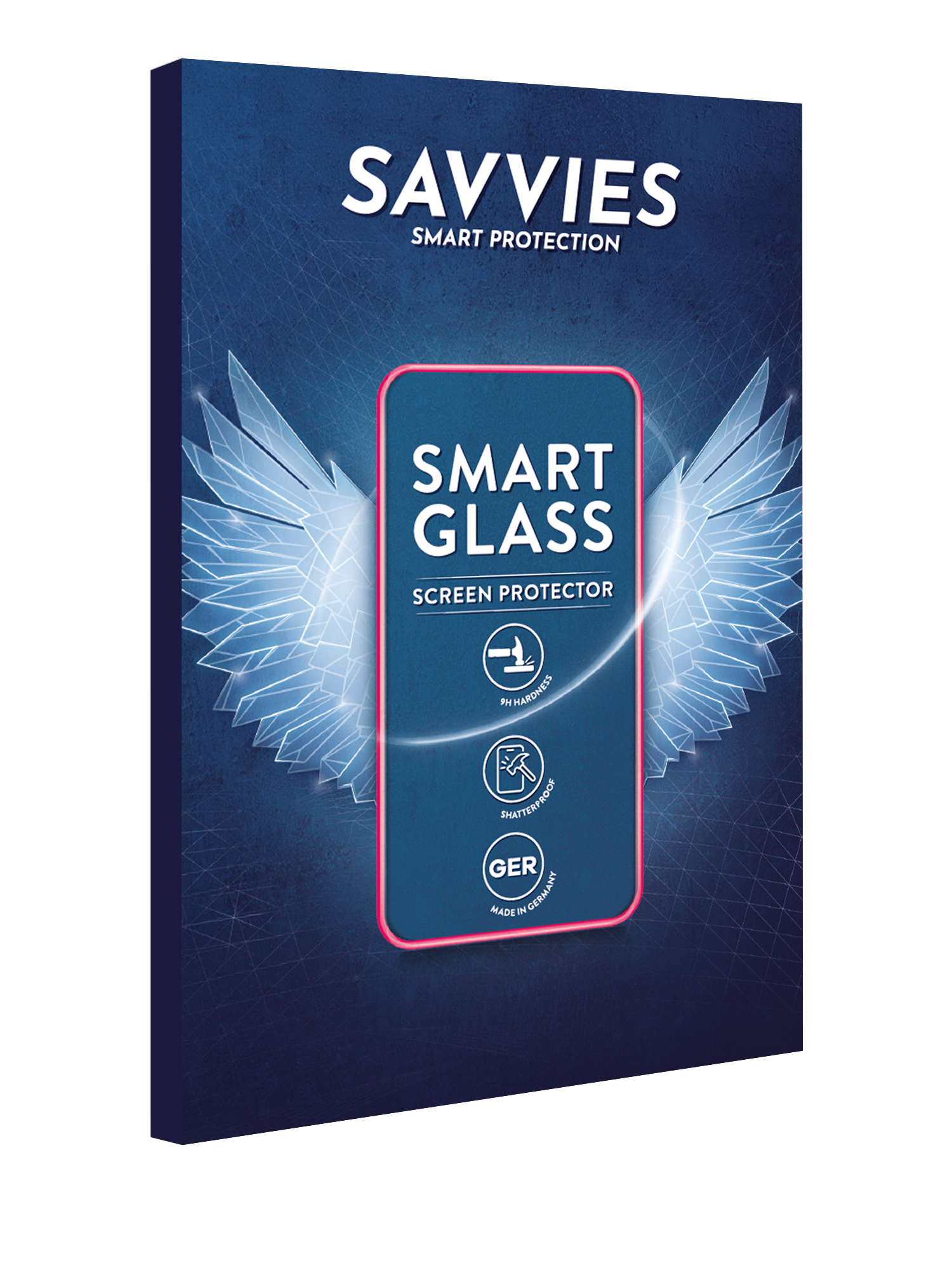 Eine Verpackung für einen Bildschirmschutz der Marke SAVVIES. Blauer Hintergrund und Grafik eines Handy-Bildschirms mit Produktdetails.