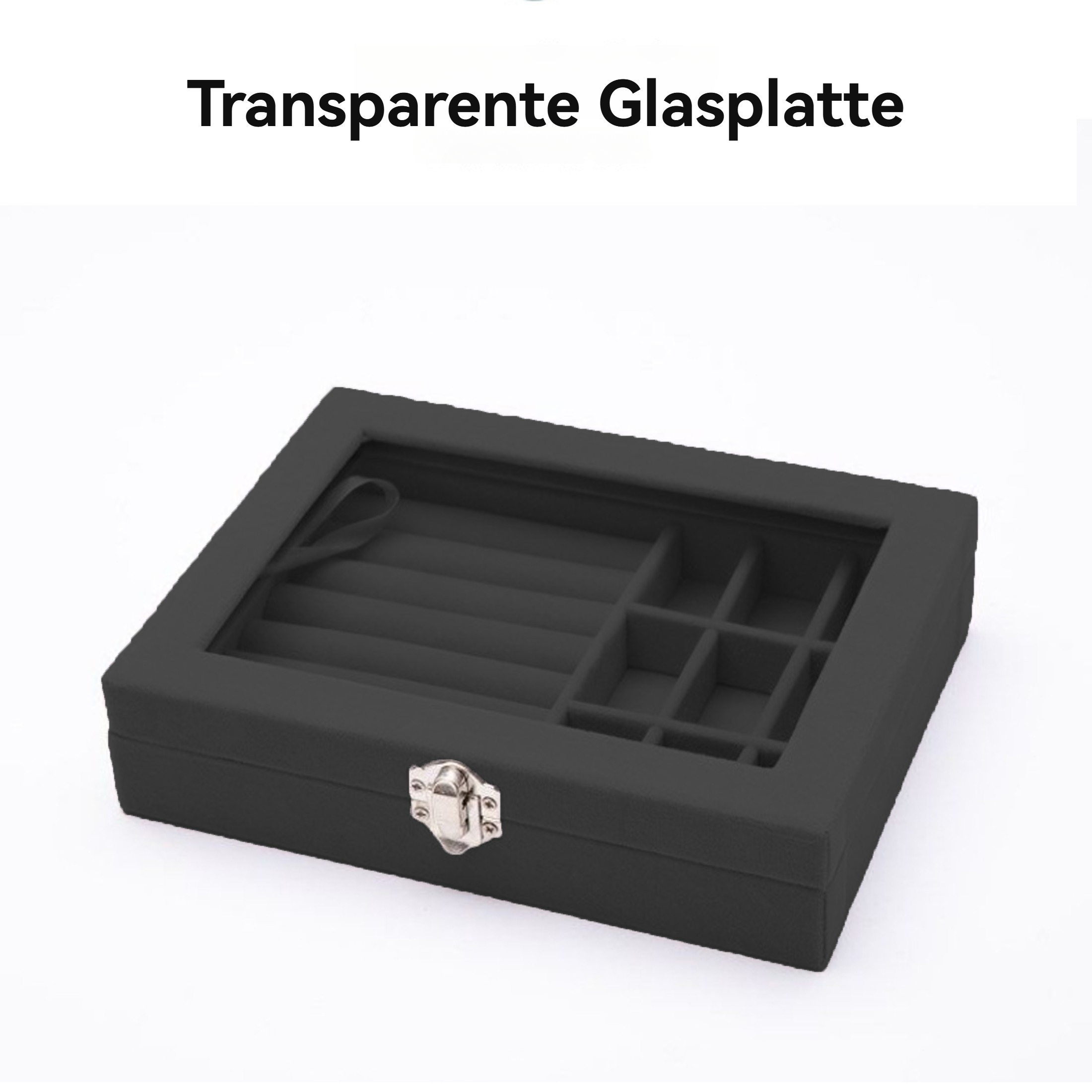 Eine schwarze Schmuckschatulle mit transparentem Deckel auf weißem Hintergrund. Die Box ist rechteckig.