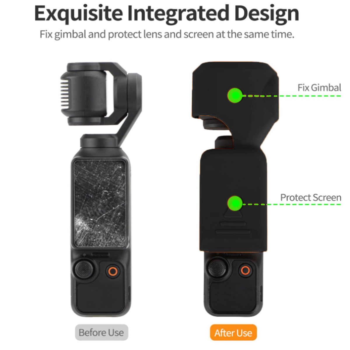 Das Bild zeigt ein Gerät mit zerbrochenem Bildschirm vor der Verwendung und ein geschütztes Gerät nach der Verwendung, mit den Bezeichnungen: Fix Gimbal und Protect Screen.