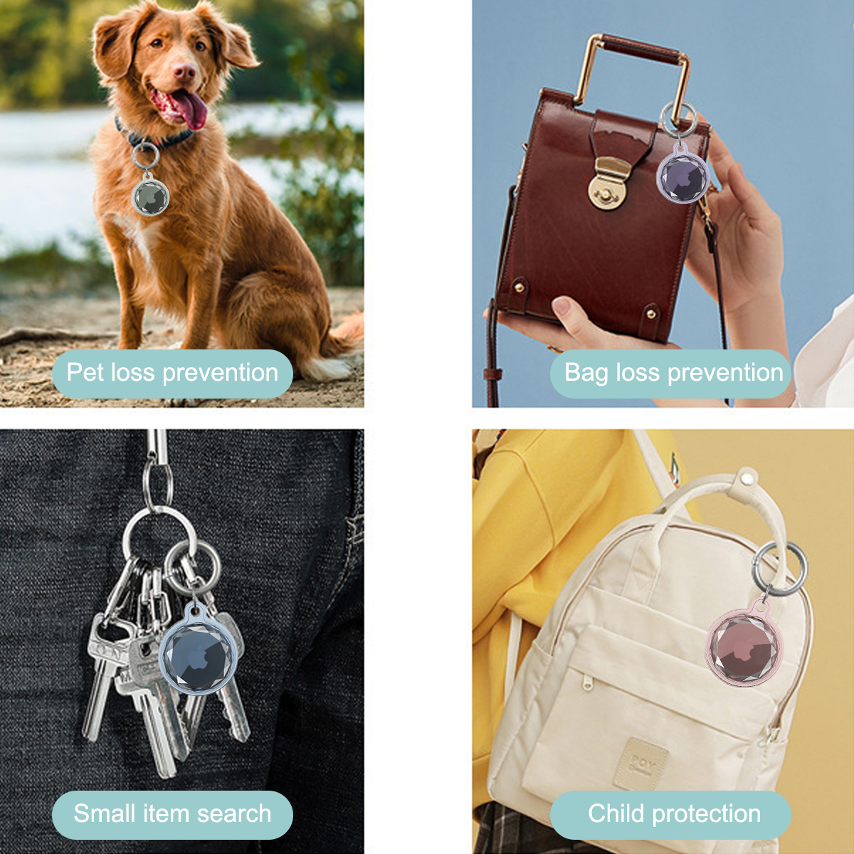 Ein Hund mit einem Ortungsgerät am Halsband, eine Tasche, Schlüssel und ein Rucksack, alle mit Ortungsgeräten zur Verlustverhütung.