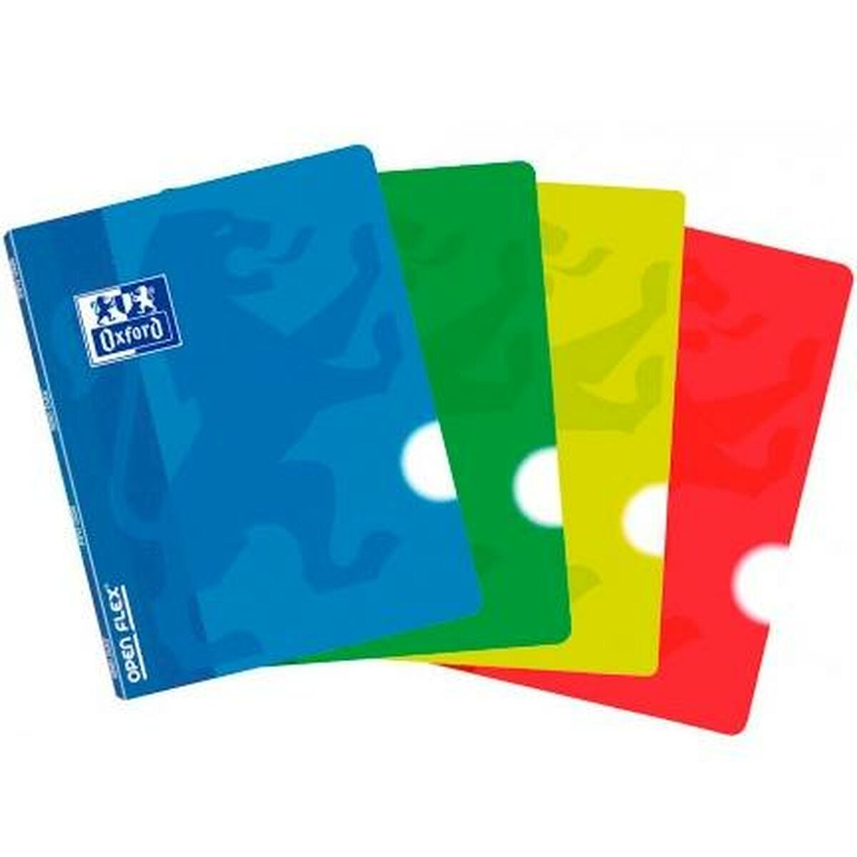 Vier bunte Oxford-Ordner: blau, grün, gelb und rot. Jeder hat einen weißen Kreis und ein löwenartiges Design.