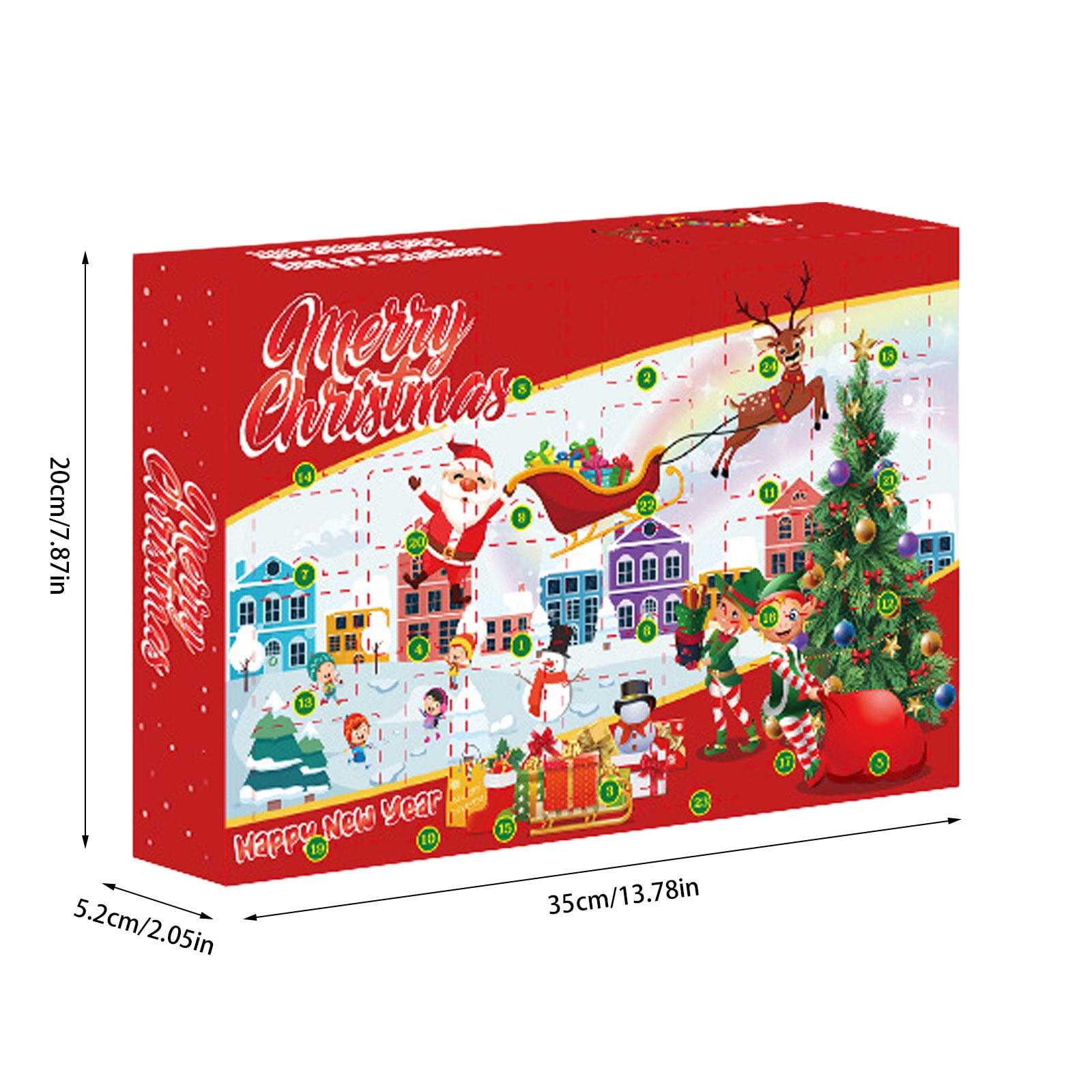 Weihnachts-Adventskalender-Box mit Illustrationen von Weihnachtsmann, Rentieren, Häusern und Elfen auf rotem Hintergrund.