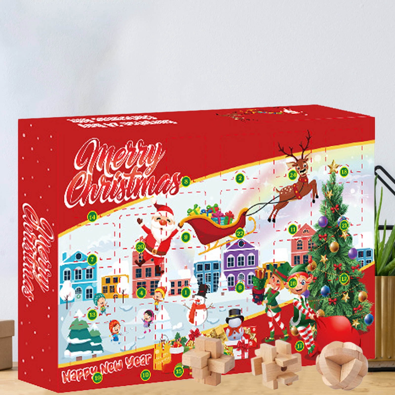 Ein Weihnachtskalender mit Santa, Rentier, Baum und Häusern. Holzpuzzles befinden sich im Vordergrund.