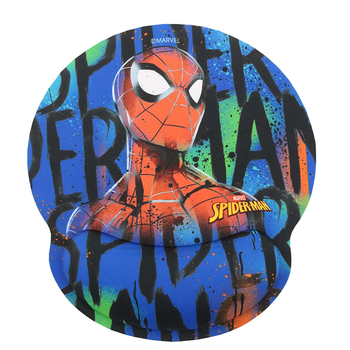 Un tappetino per mouse di Spider-Man. L'immagine mostra la testa e il petto di Spider-Man. Ha uno sfondo blu, verde e nero.