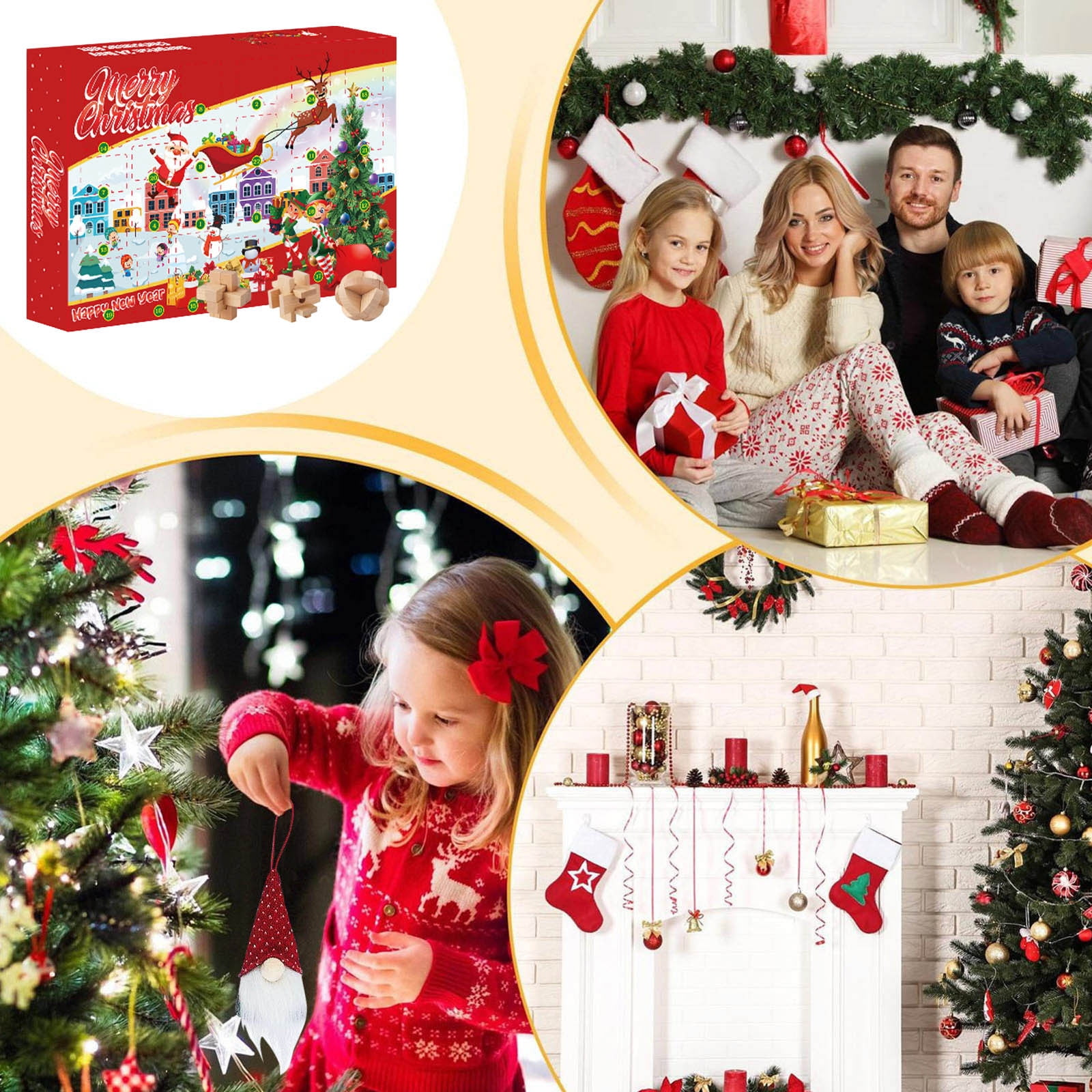 Weihnachtsszene mit Familie, Mädchen schmückt Baum, Adventskalender.