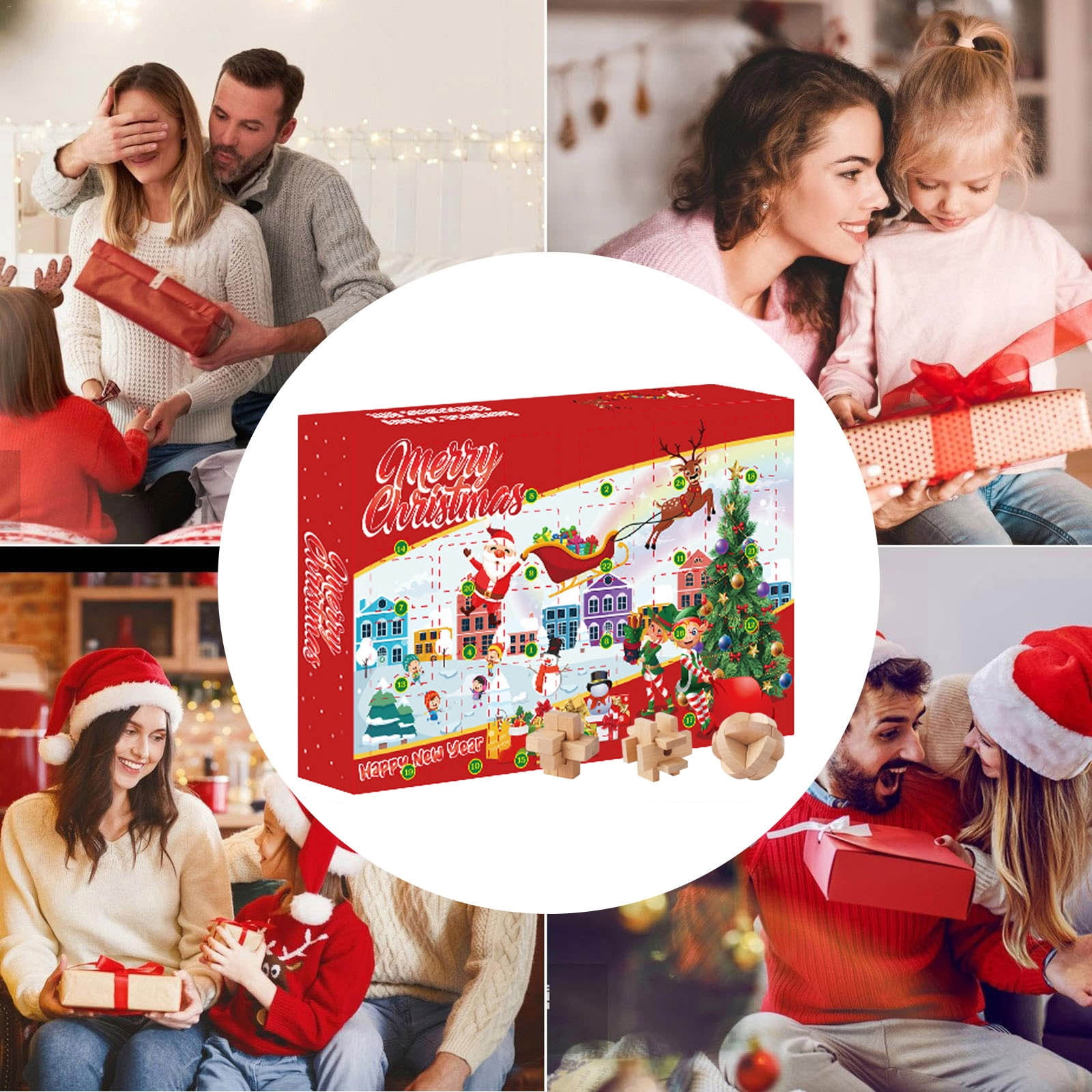 Menschen tauschen Weihnachtsgeschenke aus. Im Zentrum steht ein roter Adventskalender. Festliche, freudige Atmosphäre mit Fokus auf Familie.
