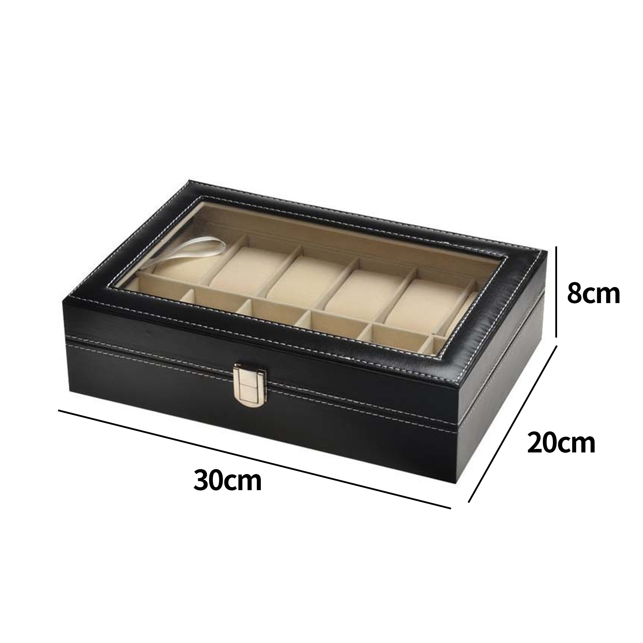 Schwarze Uhrenbox mit transparentem Deckel und Fächern, Abmessungen mit 30x20x8cm beschriftet.
