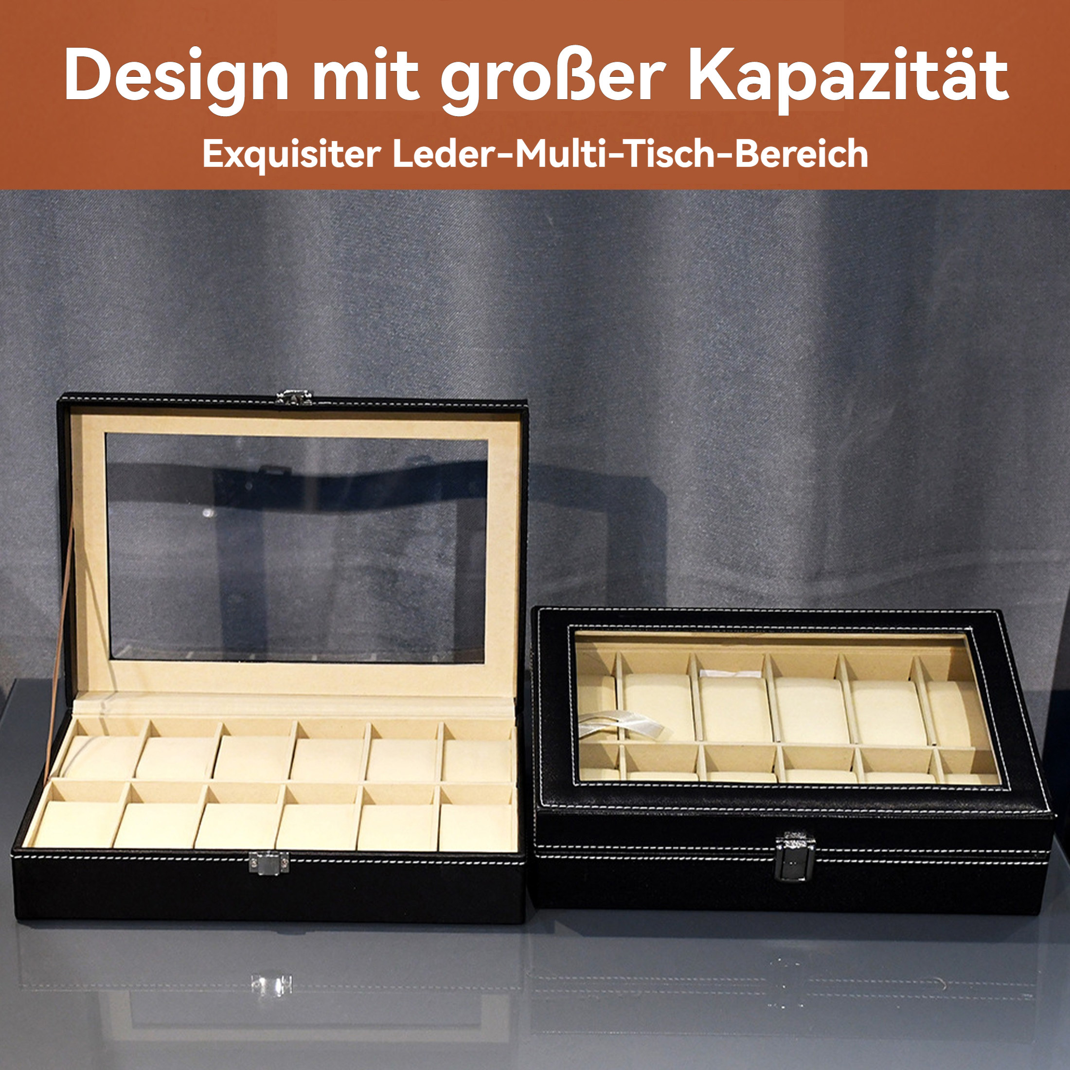Zwei schwarze Uhren-Displayboxen, eine offen, eine geschlossen, auf einer reflektierenden Oberfläche. Beide haben Fächer.