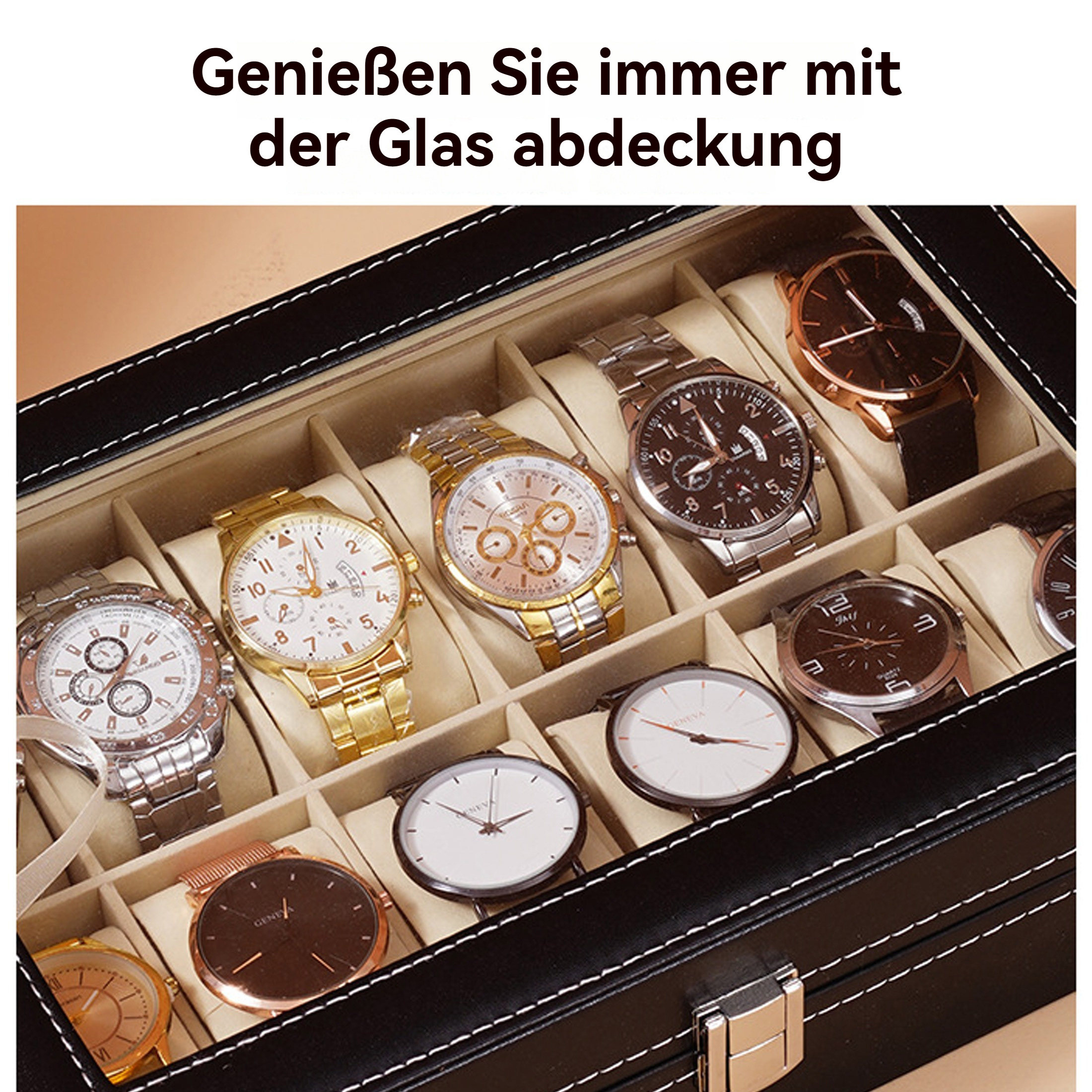 Eine schwarze Uhrenbox mit mehreren Uhren in verschiedenen Designs. Die Uhren sind gold, silber und schwarz.