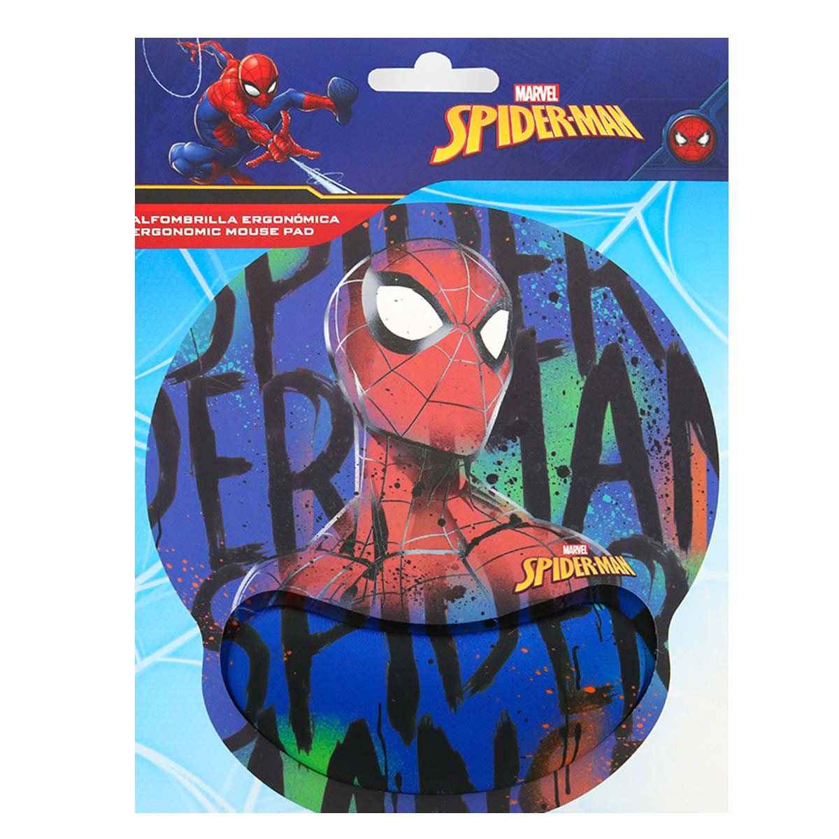 Tappetino per mouse di Spider-Man. Design rosso e blu con il volto e il logo di Spider-Man. Sfondo blu con testo.