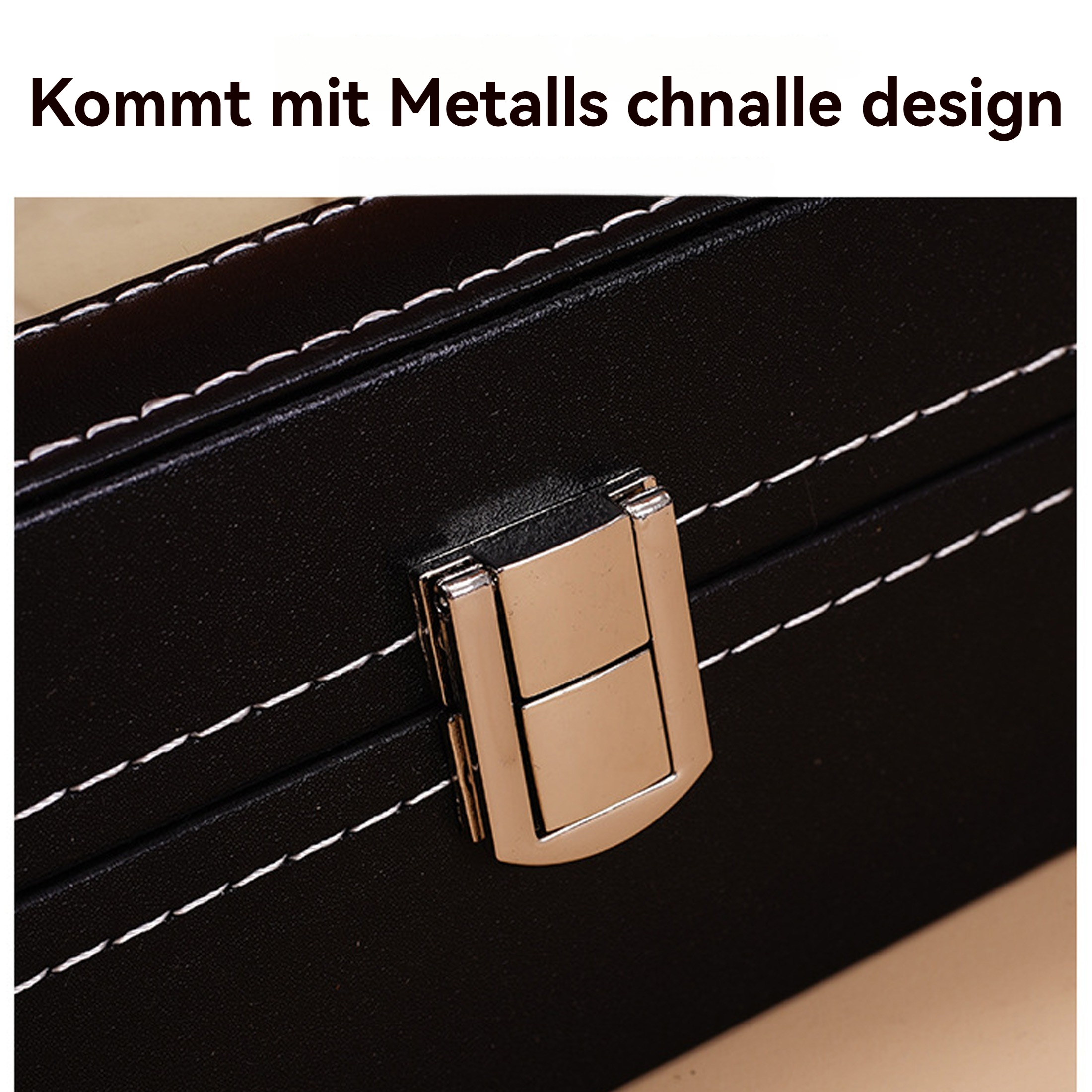 Nahaufnahme eines schwarzen Koffers mit weißen Nähten und einem Metallverschluss auf beigem Untergrund.