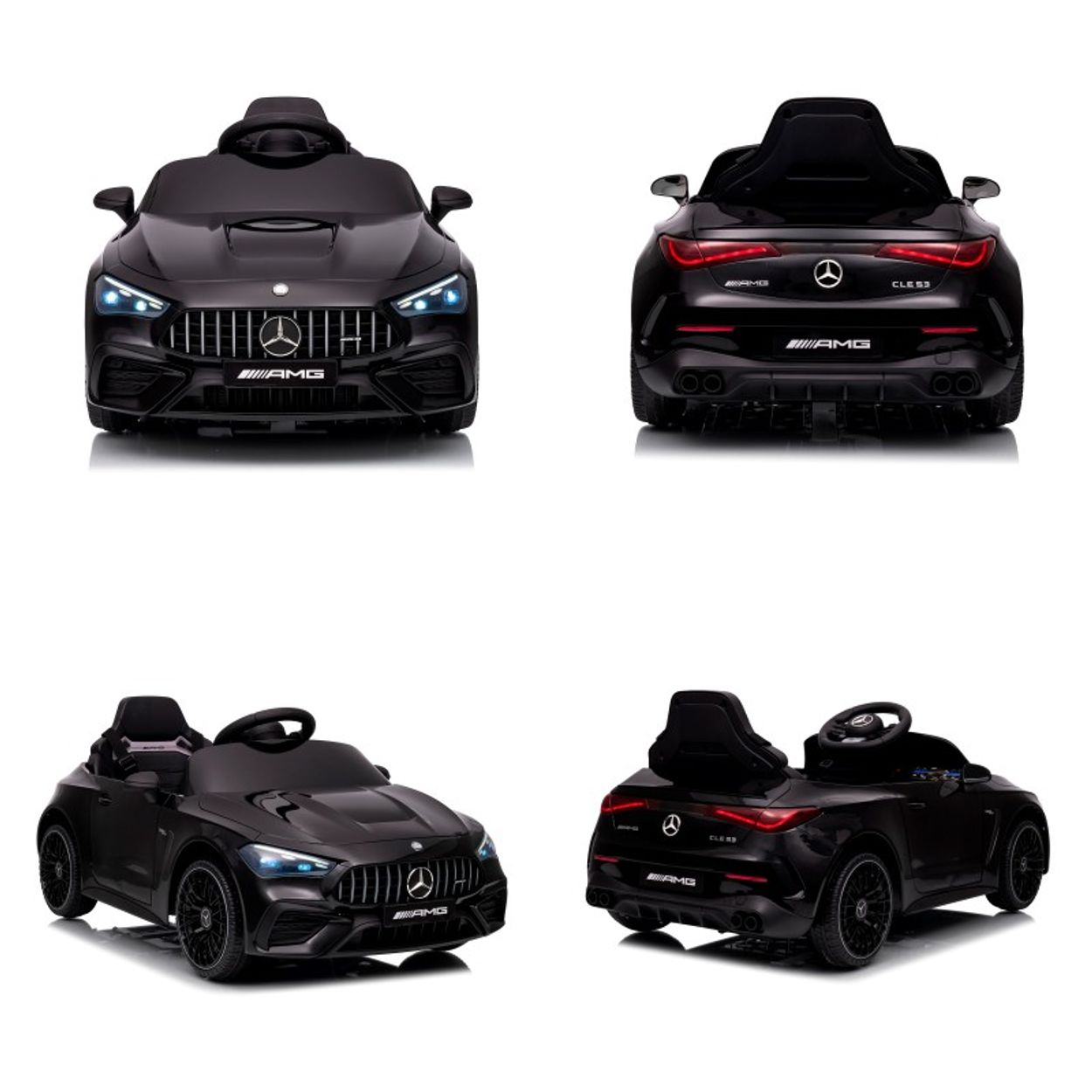 Vier Ansichten eines schwarzen Mercedes-Benz AMG Spielzeugautos. Vorder-, Rück- und Seitenansichten sind gezeigt. Das Auto hat AMG-Branding.