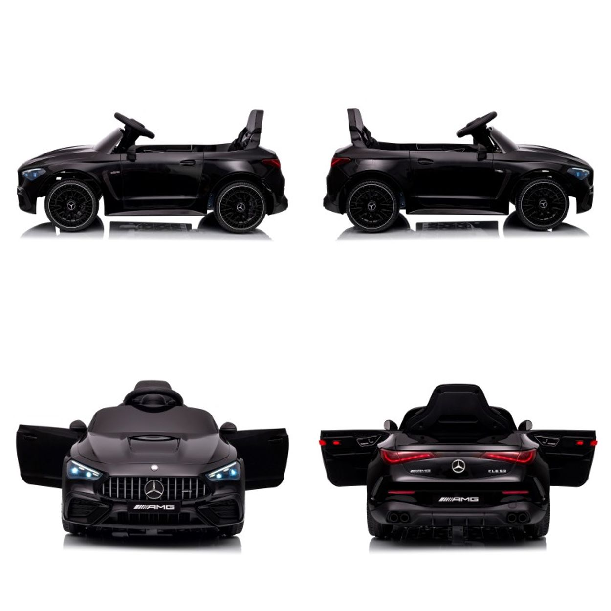 Vier schwarze Spielzeugautos. Zwei sind Seitenansichten, zwei sind Vorder- und Rückansichten mit offenen Türen. Alle auf weißem Hintergrund.