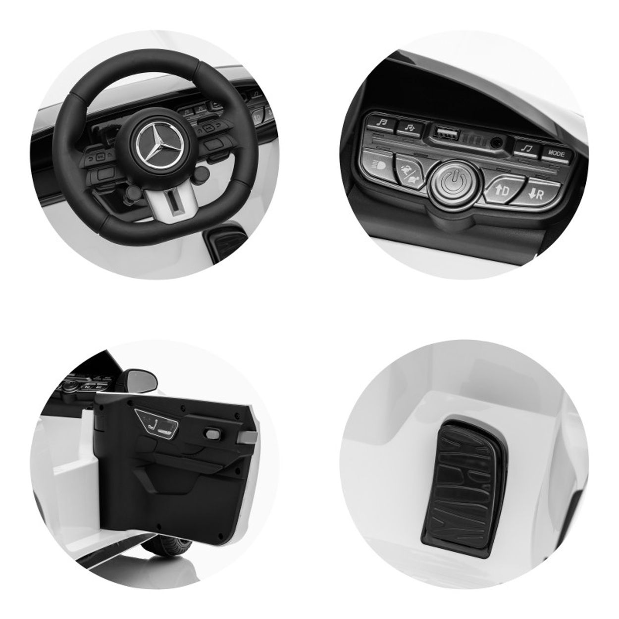 Ein weißer Spielzeugauto-Innenraum. Enthält Lenkrad, Armaturenbrett mit Knöpfen, Tür und Fußpedal. Alles in Schwarz und Weiß.