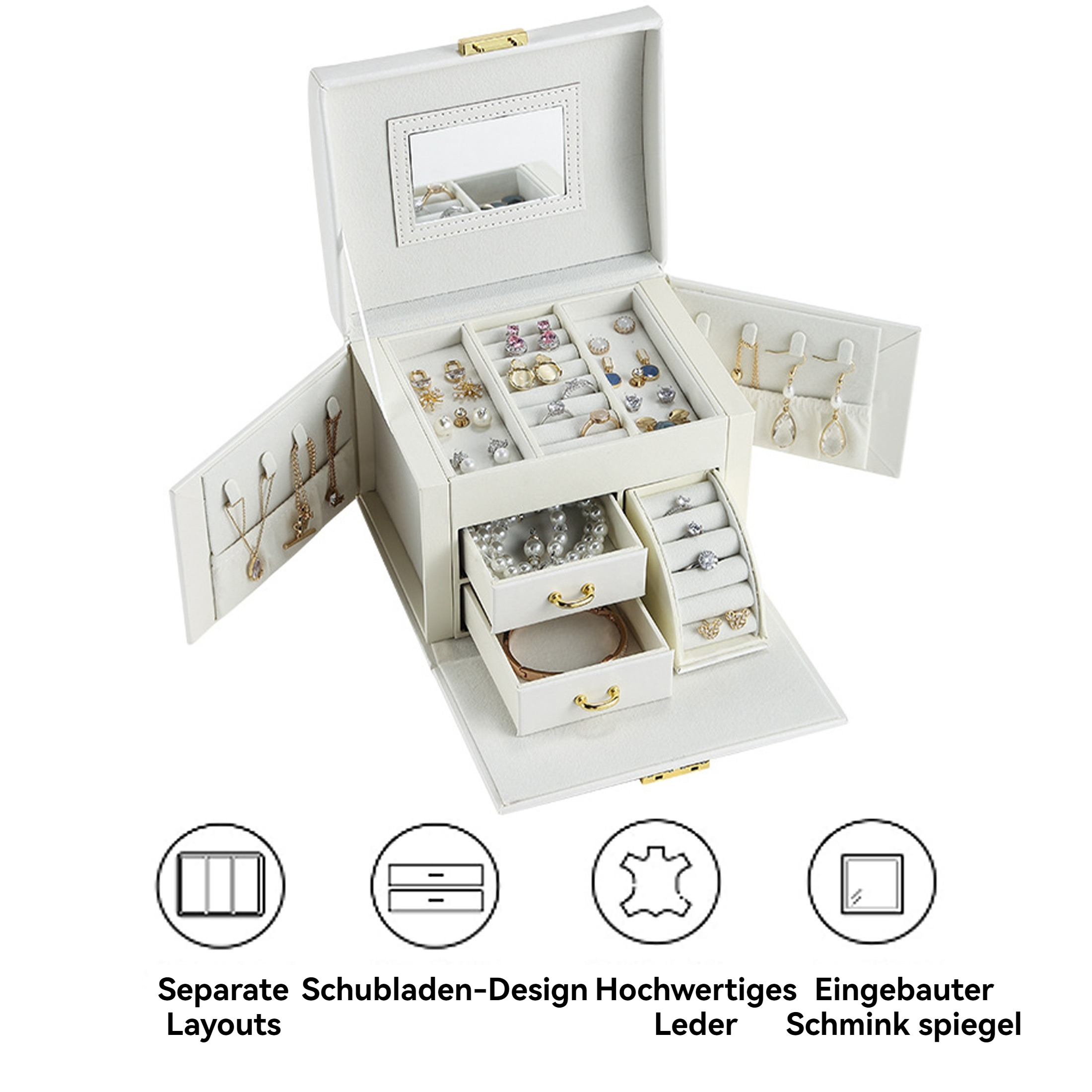 Geöffnete weiße Schmuckschatulle mit verschiedenen Fächern, gefüllt mit Schmuck. Spiegel im Deckel. Goldene Beschläge.
