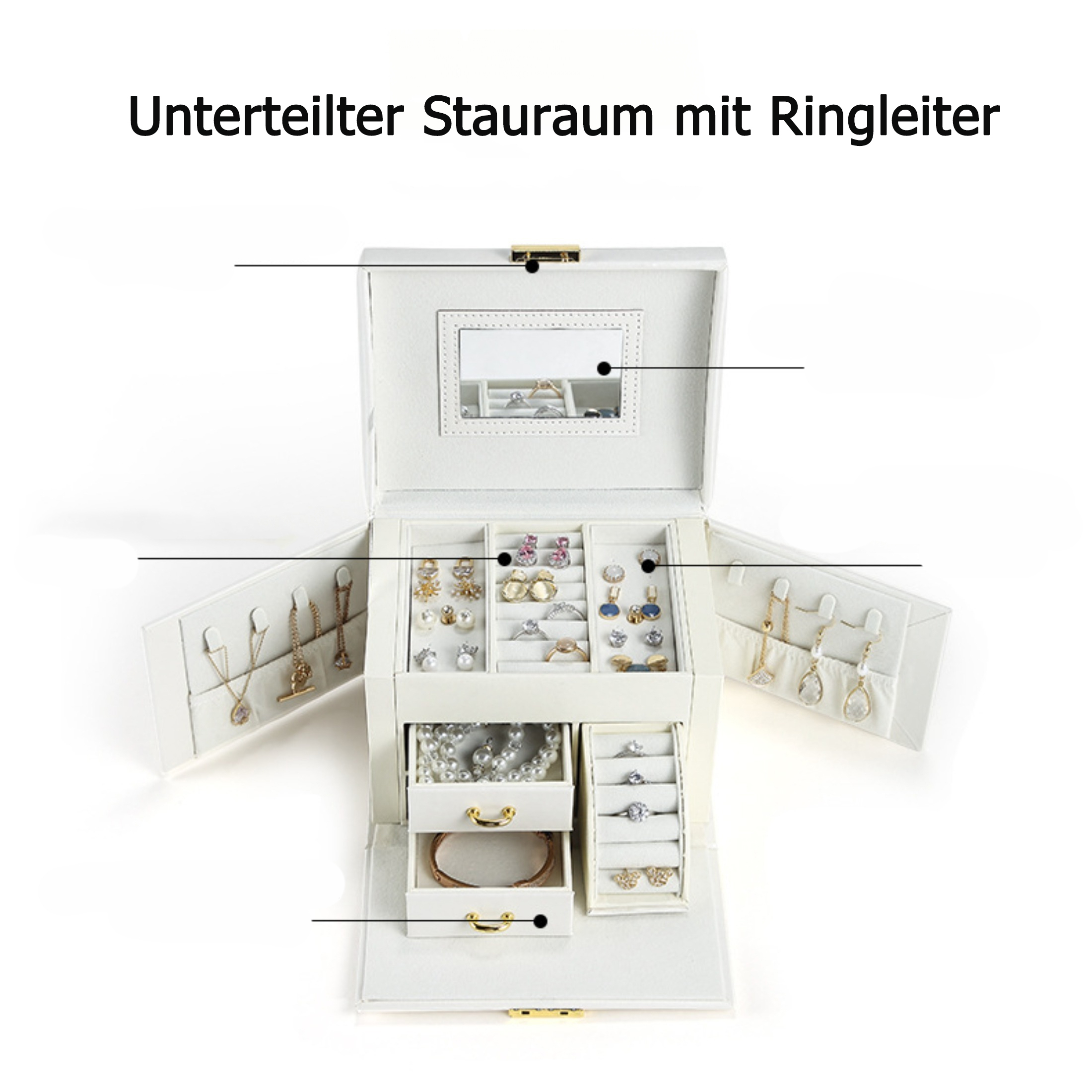 Eine weiße Schmuckschatulle ist geöffnet und zeigt verschiedene Schmuckstücke wie Halsketten, Ohrringe, Ringe und Armbänder.