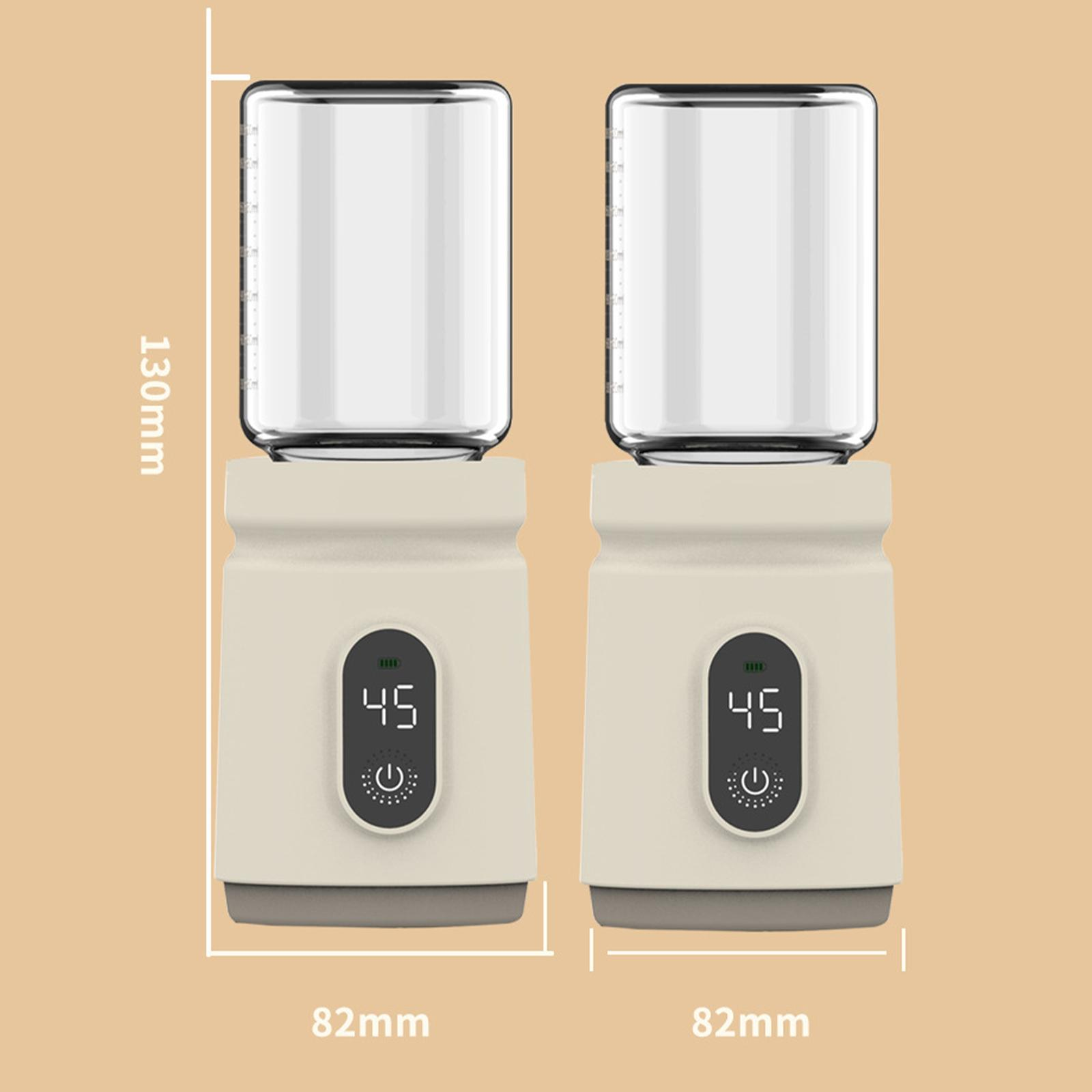Zwei Babyflaschenwärmer mit Digitalanzeigen, die 45 Grad anzeigen. Abmessungen: 130 mm Höhe, 82 mm Breite. Beiger Hintergrund.