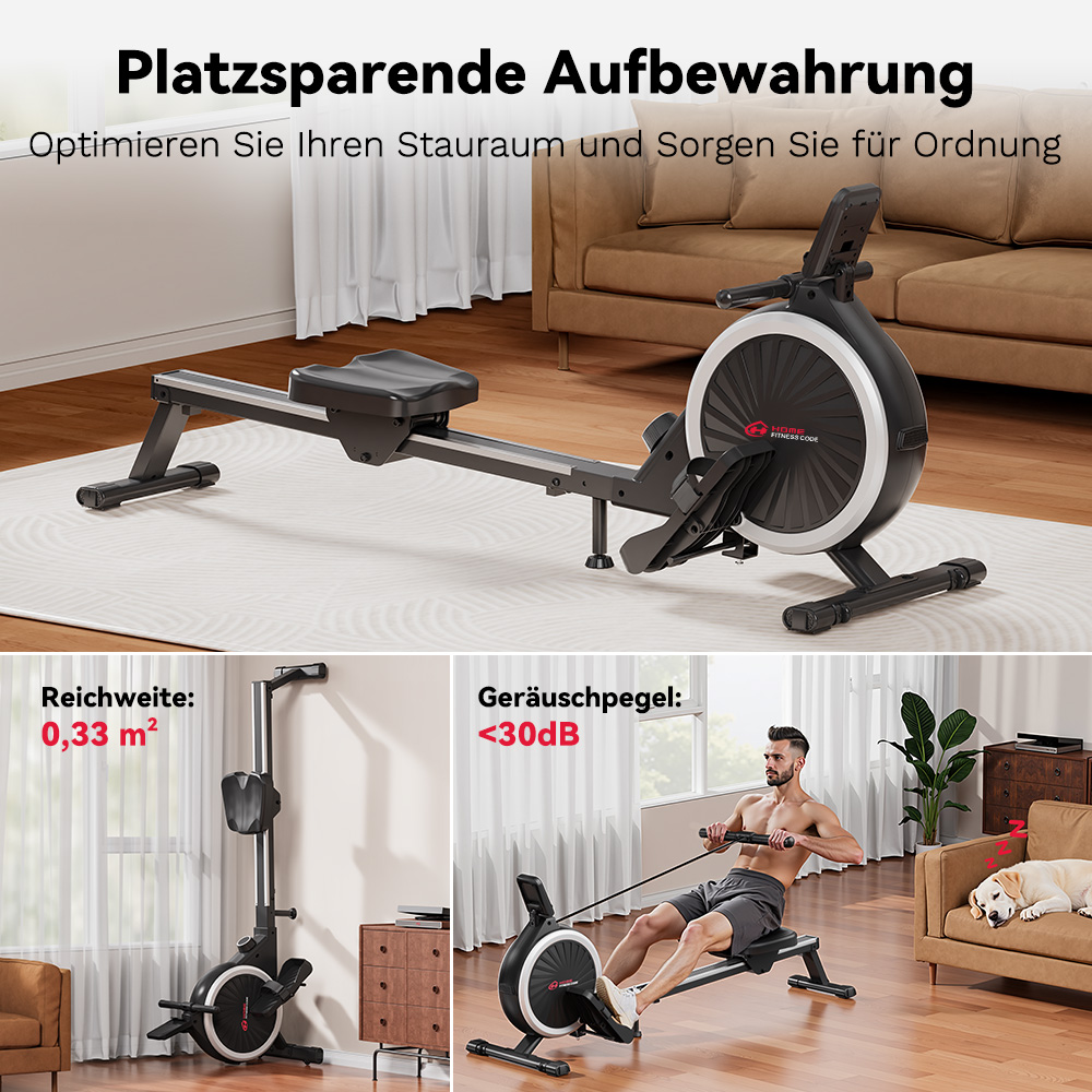 Wioślarz w salonie. Mężczyzna z niego korzysta, a pies śpi na kanapie. Koło ma logo marki.