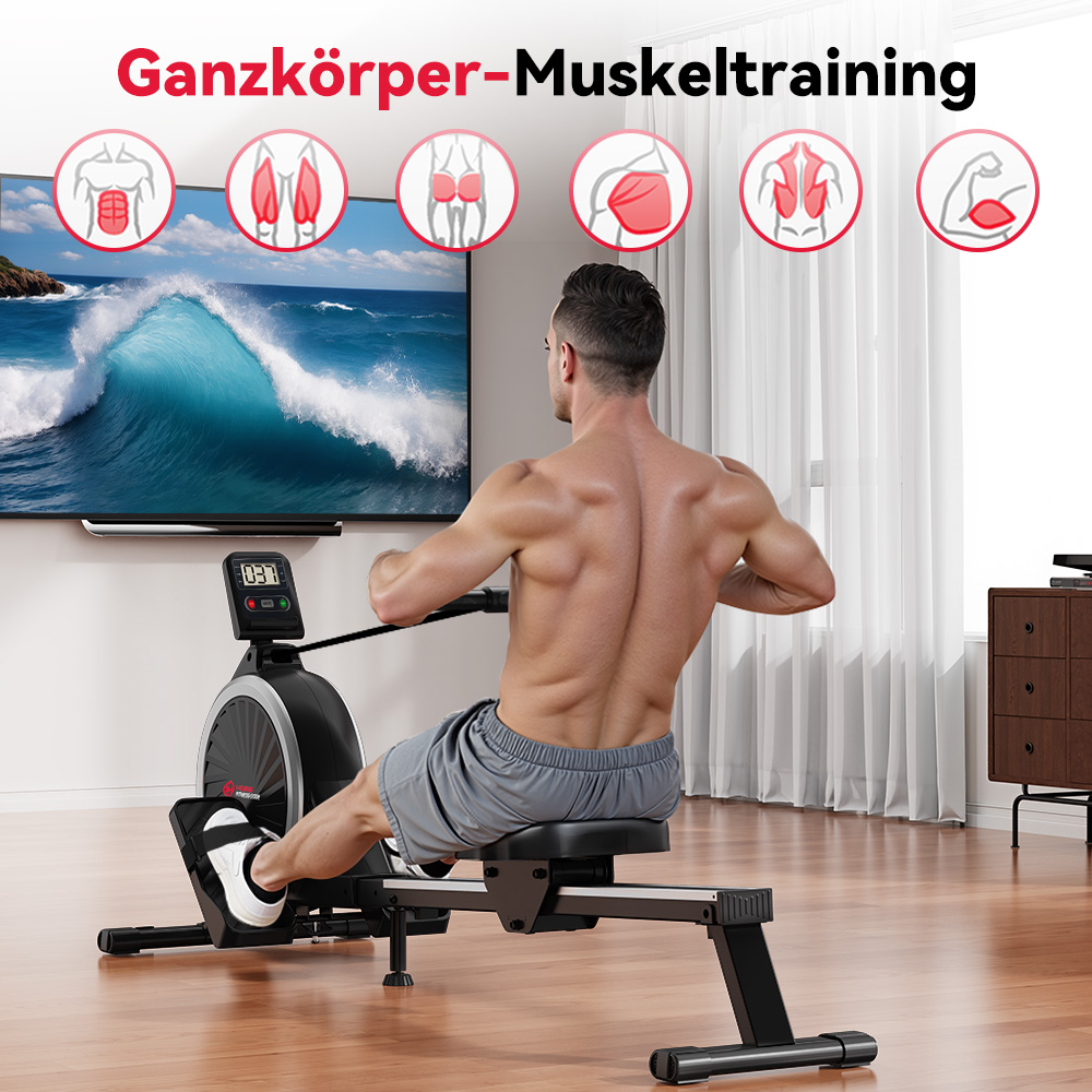 Mężczyzna ćwiczy na maszynie do wiosłowania. Telewizor pokazuje fale. Schematy mięśni są u góry. Drewniana podłoga, białe zasłony i szafka.