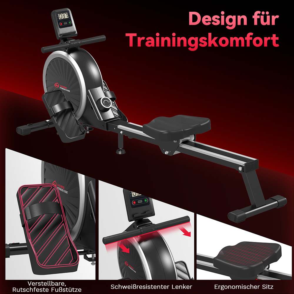 Czarna maszyna do wiosłowania z cyfrowym wyświetlaczem, regulowanymi podnóżkami i ergonomicznym siedzeniem na czerwonym tle.