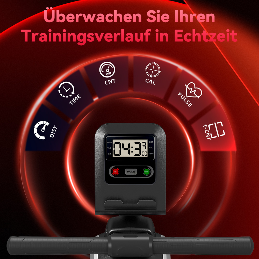 Wyświetlacz urządzenia fitness pokazuje czas i inne wskaźniki. Posiada przyciski ustawiania, trybu i resetowania. Tło jest czerwone.