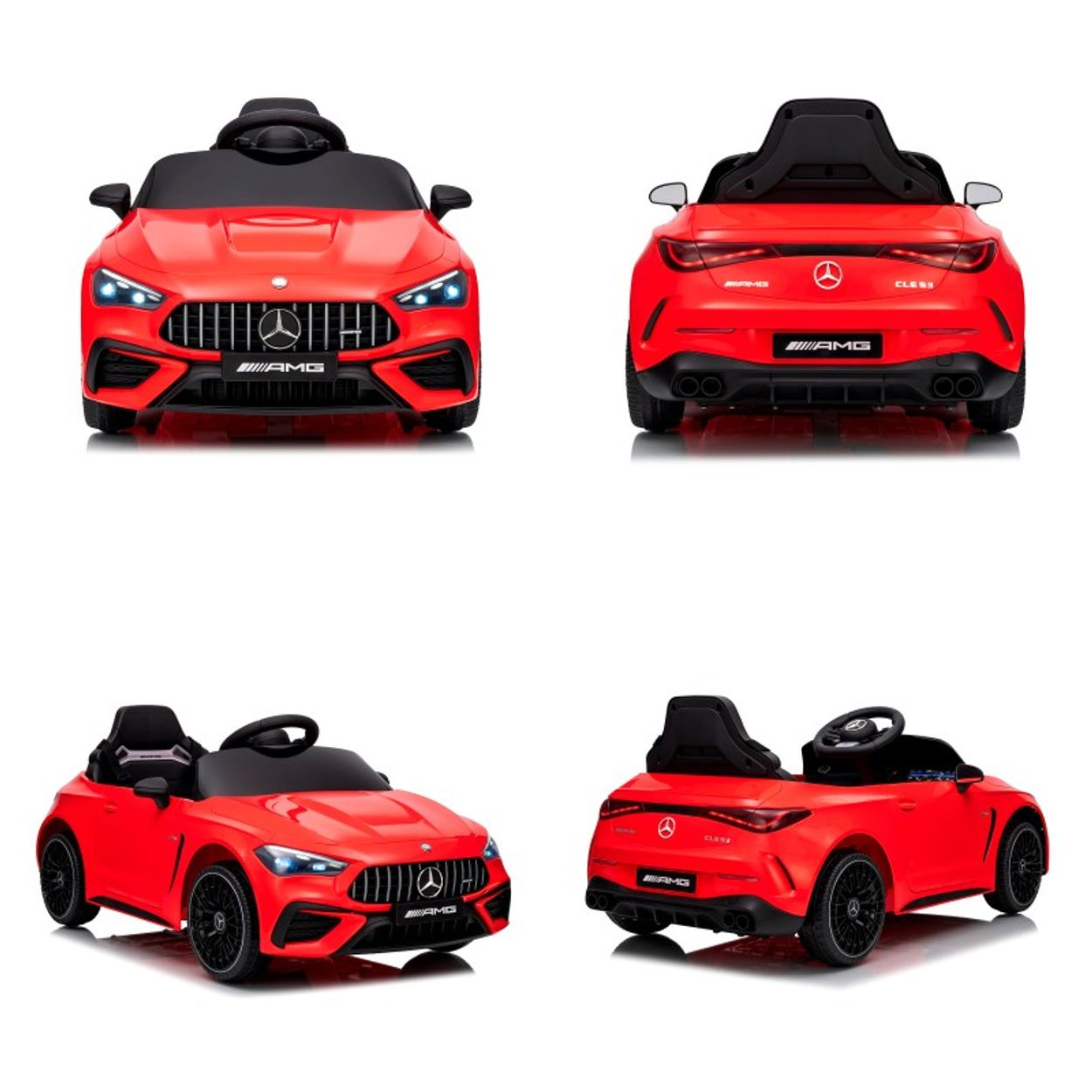 Vier Ansichten eines roten Spielzeugautos. Front-, Heck- und Seitenwinkel. Es hat schwarze Räder, ein schwarzes Interieur und das AMG-Logo.