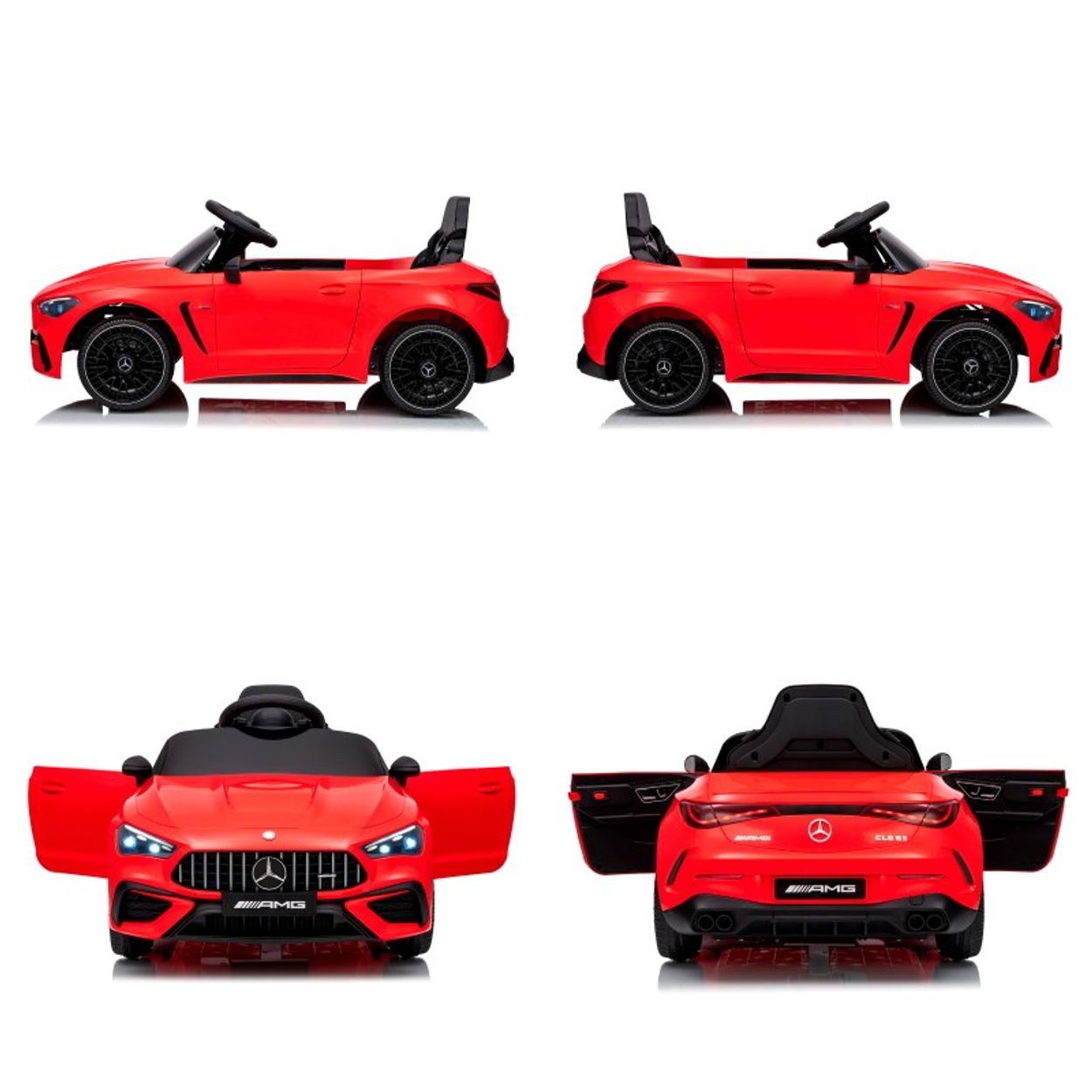 Vier Ansichten eines roten Spielzeugautos. Seiten-, Vorder- und Rückansichten mit geöffneten und geschlossenen Türen.