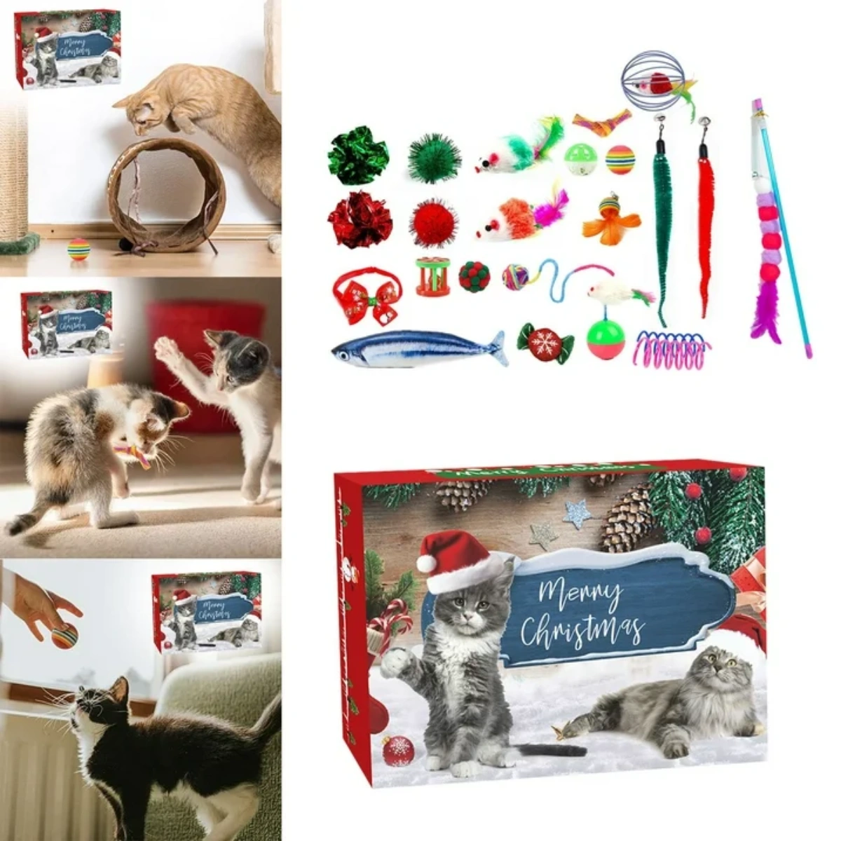 Katzen spielen mit Spielzeug. Weihnachtskatze-Box. Katzenspielzeugsammlung in verschiedenen Farben und Formen.