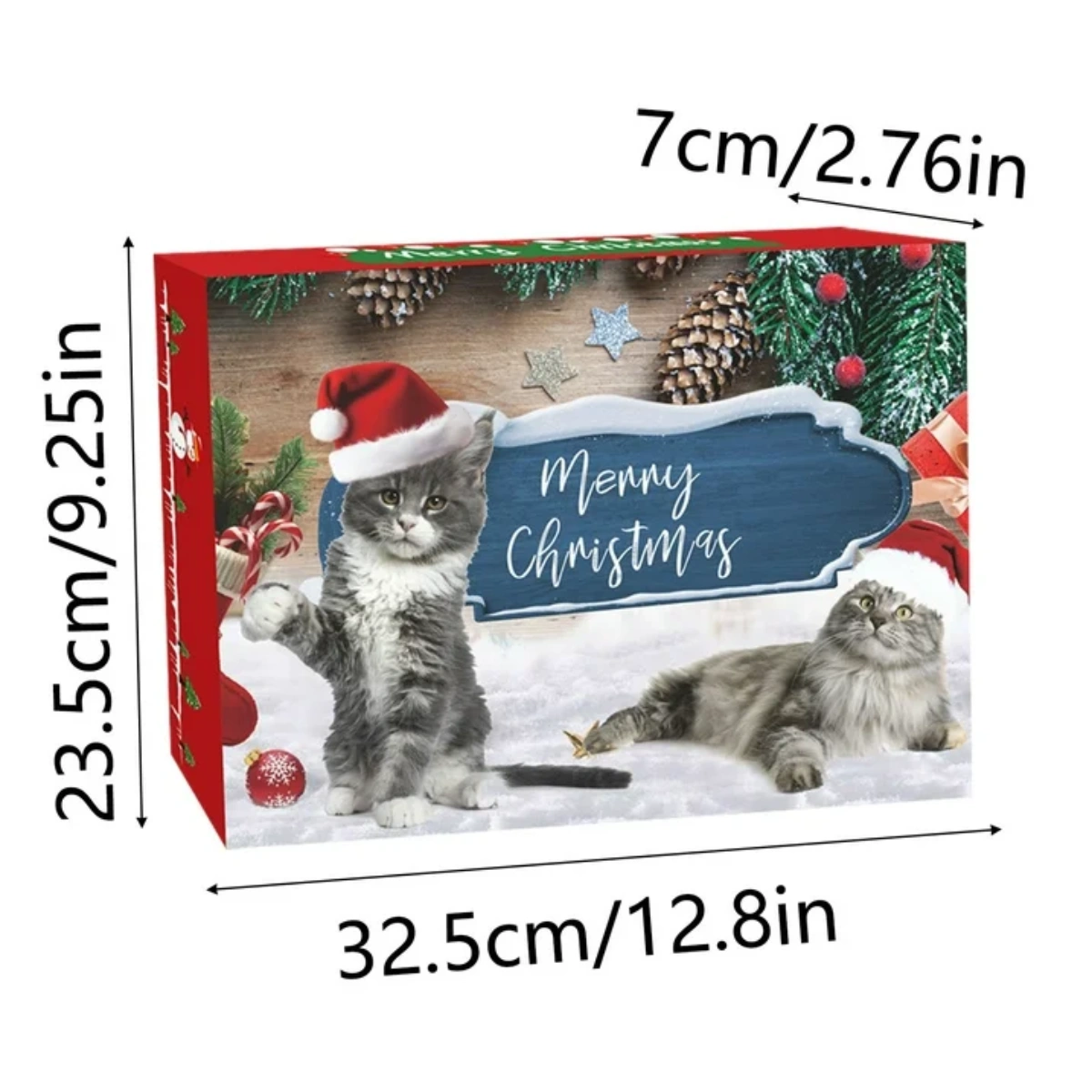 Weihnachtsbox mit zwei Katzen mit Weihnachtsmützen. Eine Katze steht, eine liegt. 'Frohe Weihnachten' auf einem Schild.