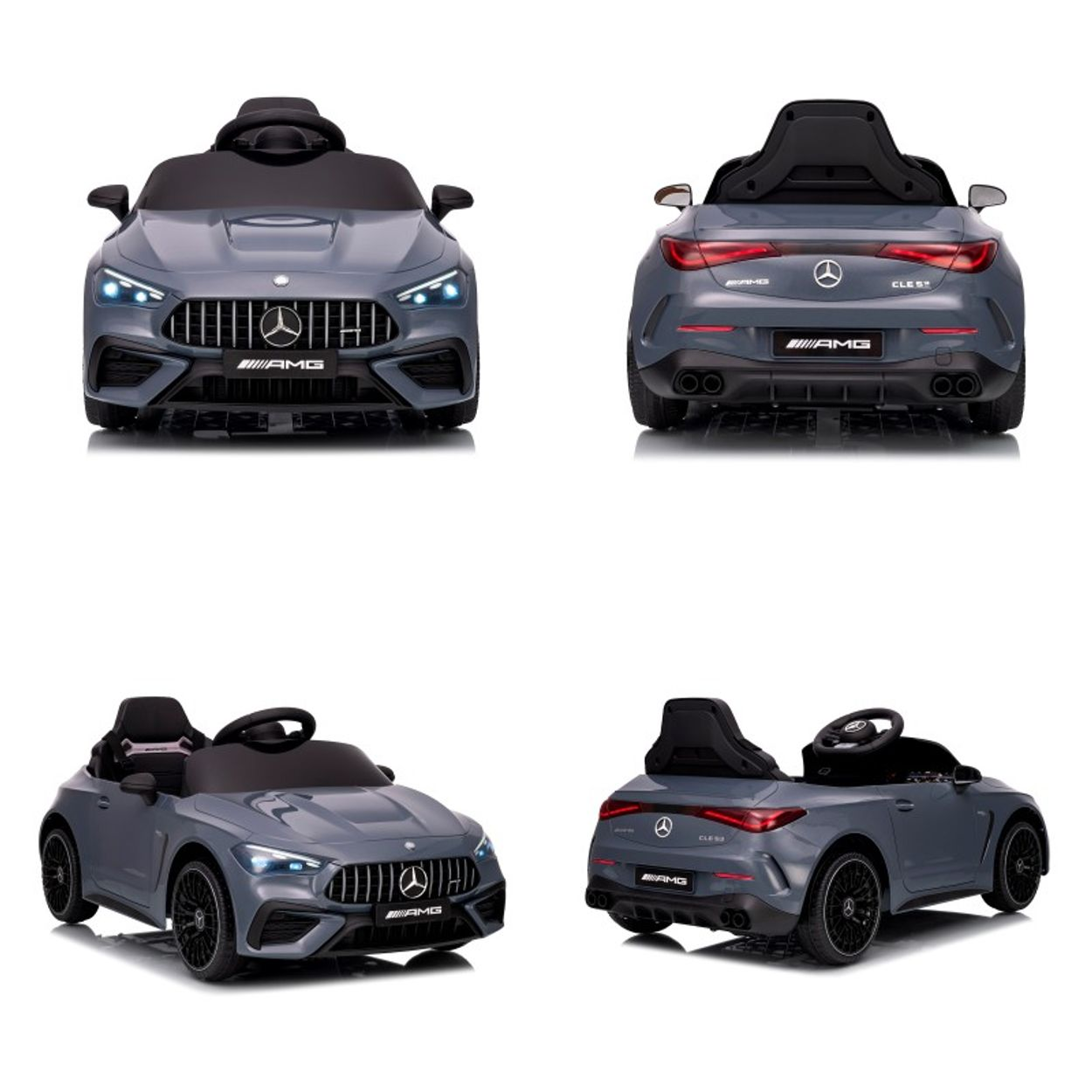 Vier Ansichten eines grauen Mercedes-Benz AMG Spielzeugautos. Front-, Heck- und Seitenansichten. Schwarze Räder und AMG-Details sind sichtbar.