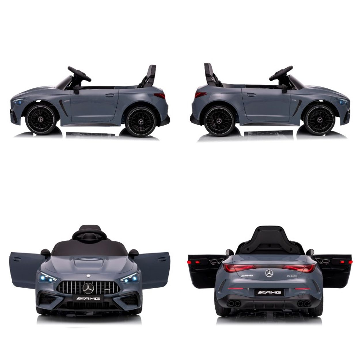 Vier graue Spielzeugautos mit schwarzen Rädern und AMG-Branding. Zwei Autos sind Seitenansichten, zwei zeigen Vorder- und Rückseite.