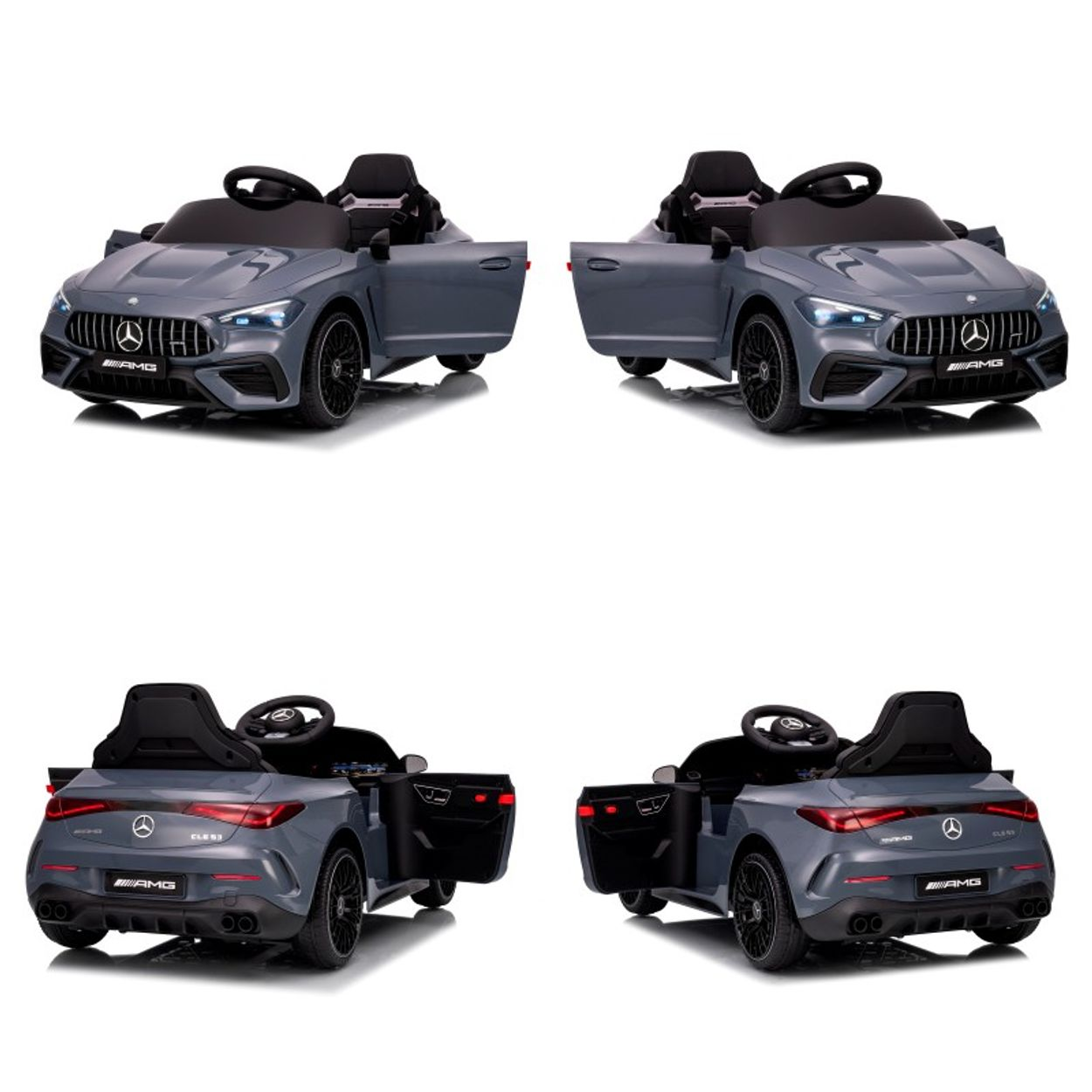 Vier Ansichten eines grauen Spielzeugautos mit geöffneten Türen. Merkmale sind schwarze Räder, Sitze, Lenkrad und AMG-Logo.