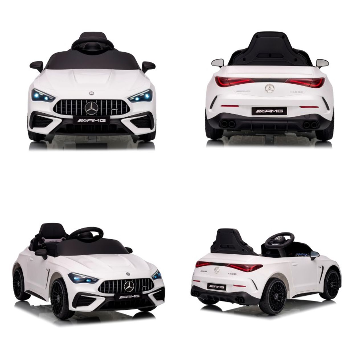 Vier Ansichten eines weißen Spielzeugautos. Vorder-, Rück- und zwei Seitenansichten. Das Auto hat schwarze Räder und Sitze sowie AMG-Branding.