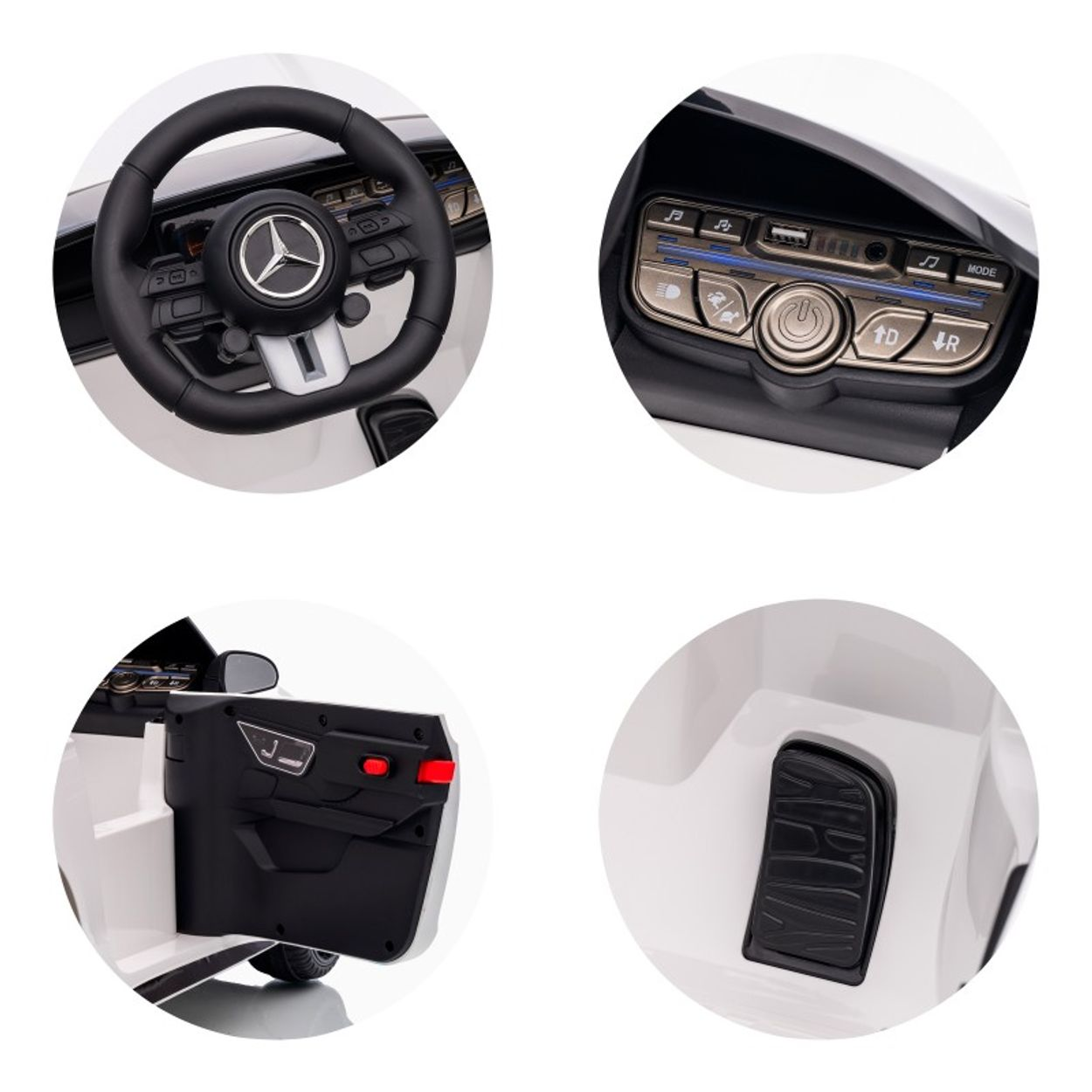 Weißes Spielzeugauto mit schwarzen Innendetails. Enthält Lenkrad, Armaturenbrett, Tür und Fußpedal. Mercedes-Logo sichtbar.