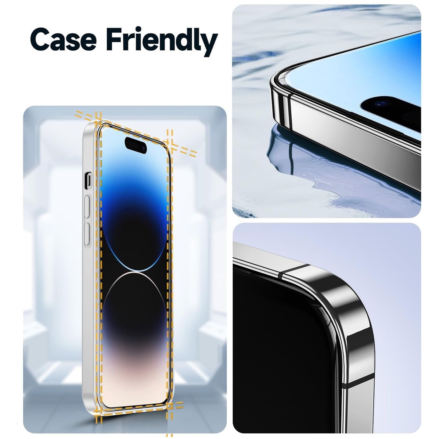 Ein Telefon in einer Hülle. Das Telefon hat einen blauen Bildschirm. Die Hülle ist silberfarben. Das Etui ist freundlich.