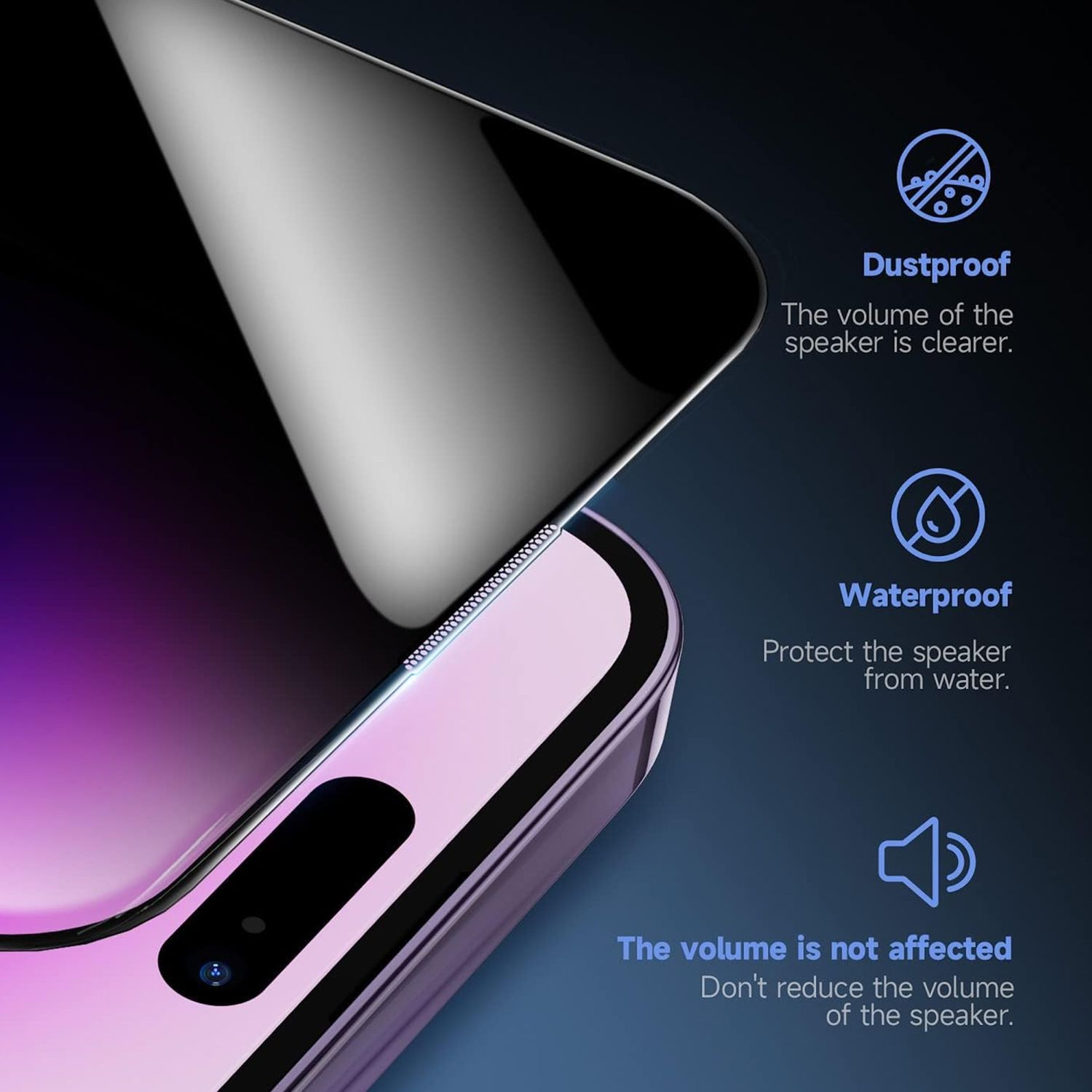 Ein Telefon mit Displayschutzfolie. Das Bild zeigt das Telefon und drei Symbole mit Text: staubdicht, wasserdicht, Lautstärke unbeeinträchtigt.