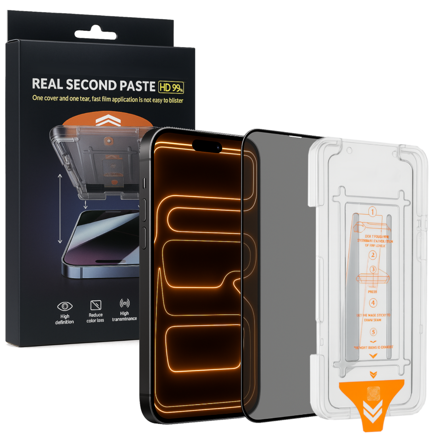 Ein Telefon mit Displayschutz, Verpackung und Anwendungsanleitung. Zu den Merkmalen gehören hohe Auflösung, reduzierter Farbverlust und hohe Lichtdurchlässigkeit.