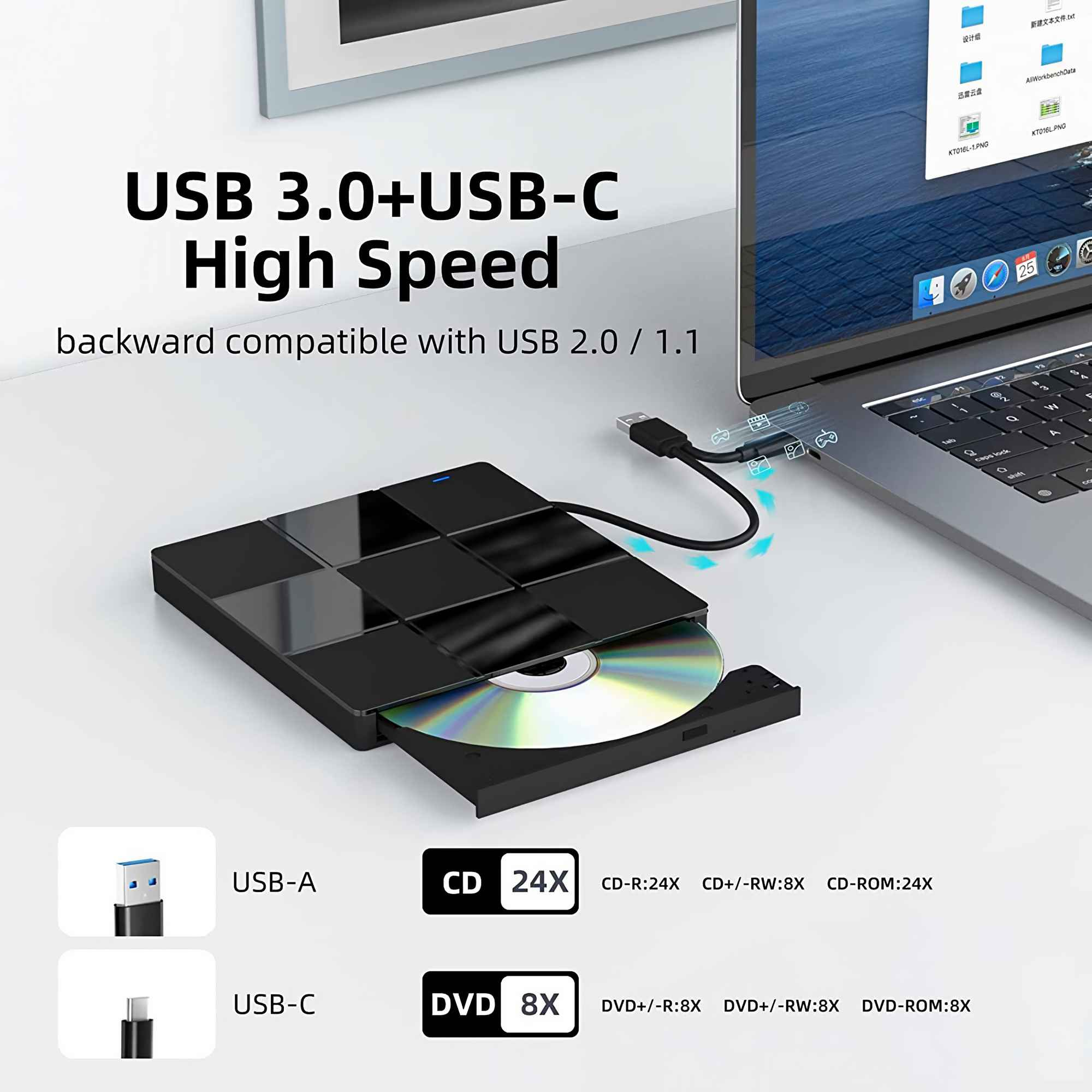 Ein schwarzes externes CD/DVD-Laufwerk ist mit einem Laptop verbunden. USB-A- und USB-C-Anschlüsse werden mit Disc-Spezifikationen gezeigt.