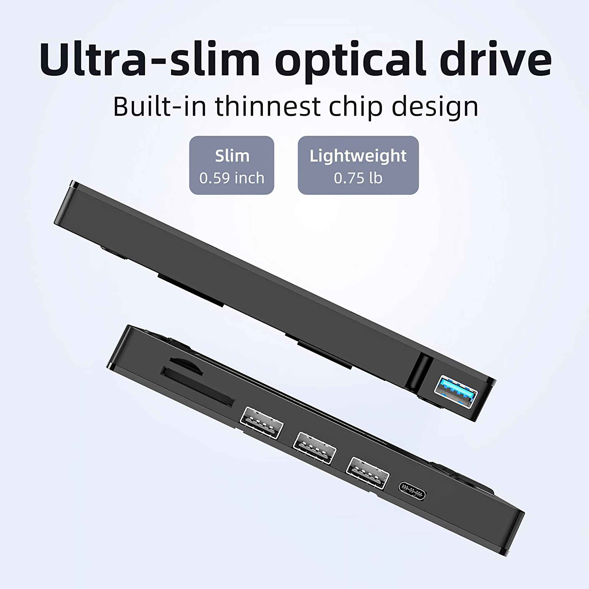 Das Bild zeigt ein ultraschlankes optisches Laufwerk. Es ist schwarz, mit USB-Anschlüssen und einem USB-C-Anschluss.